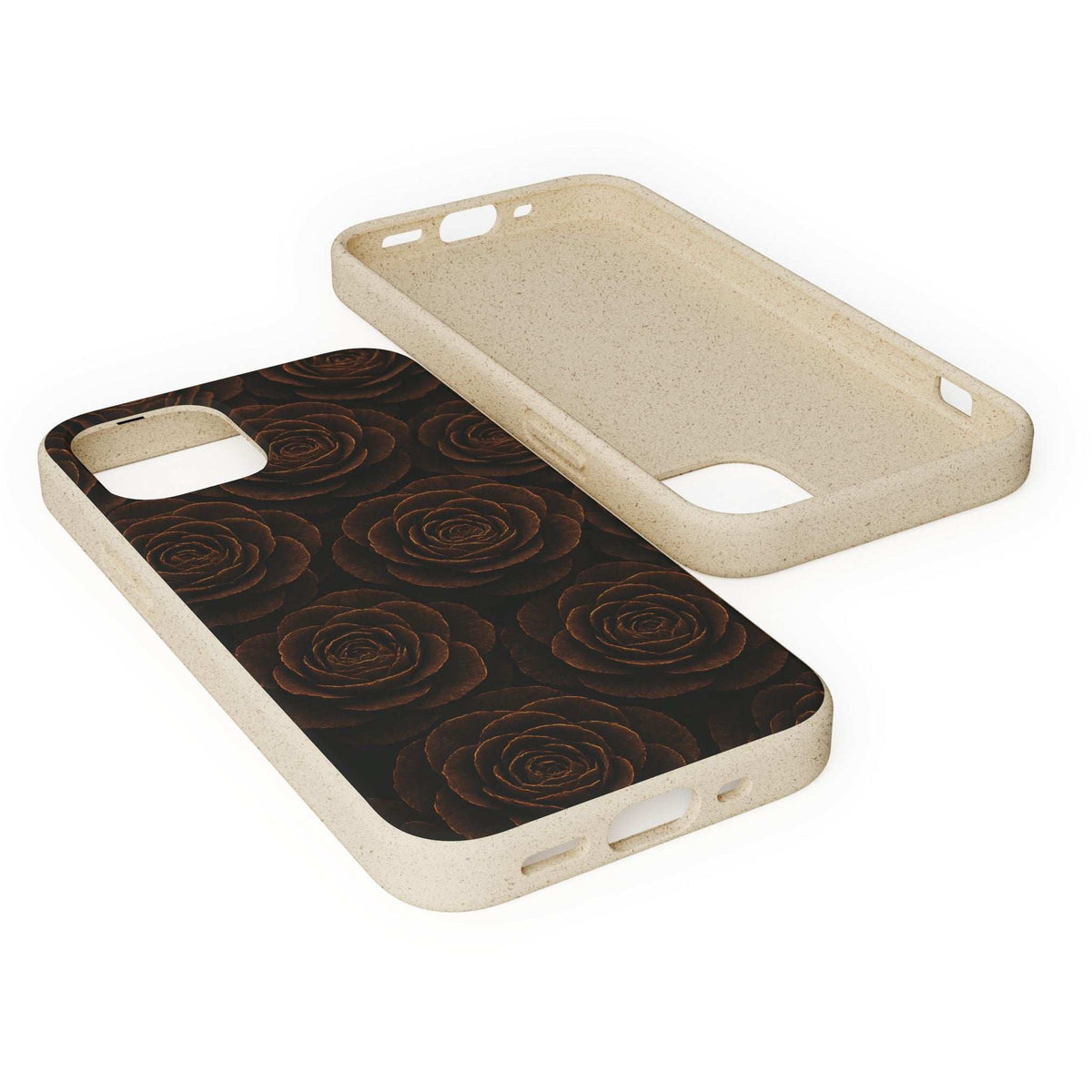 Wooden roses phone case pair, dark floral rose back and speckled beige protective cover