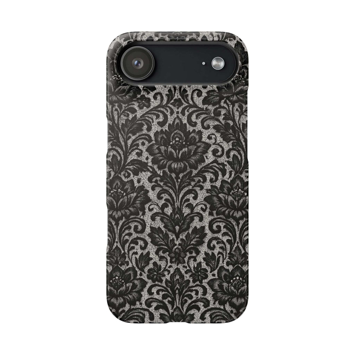Damask floral phone case, close side back view, dark gray/black damask texture