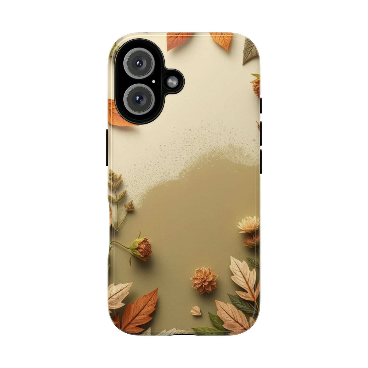 Phone case showing beige autumn leaf and flower pattern with black camera module cutout