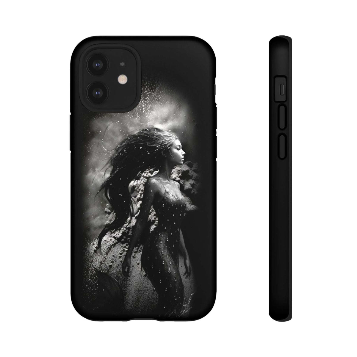 Black phone case featuring a grayscale mermaid portrait and camera opening, side edge shown.