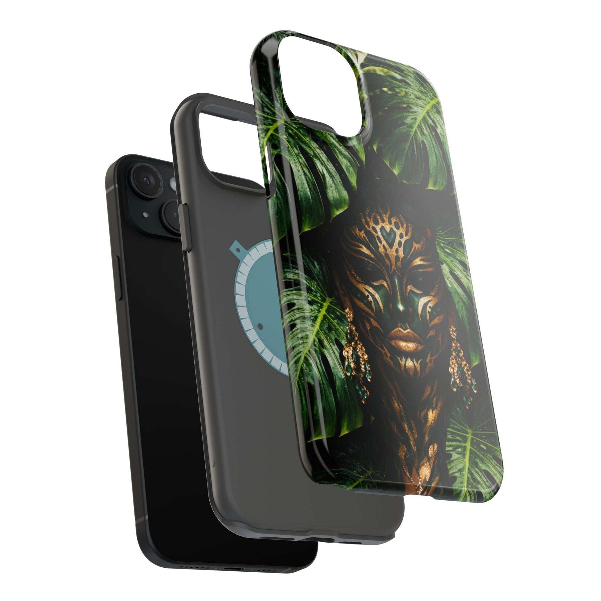 Phone case with jungle lion face and green leaves print, raised edges and camera cutout