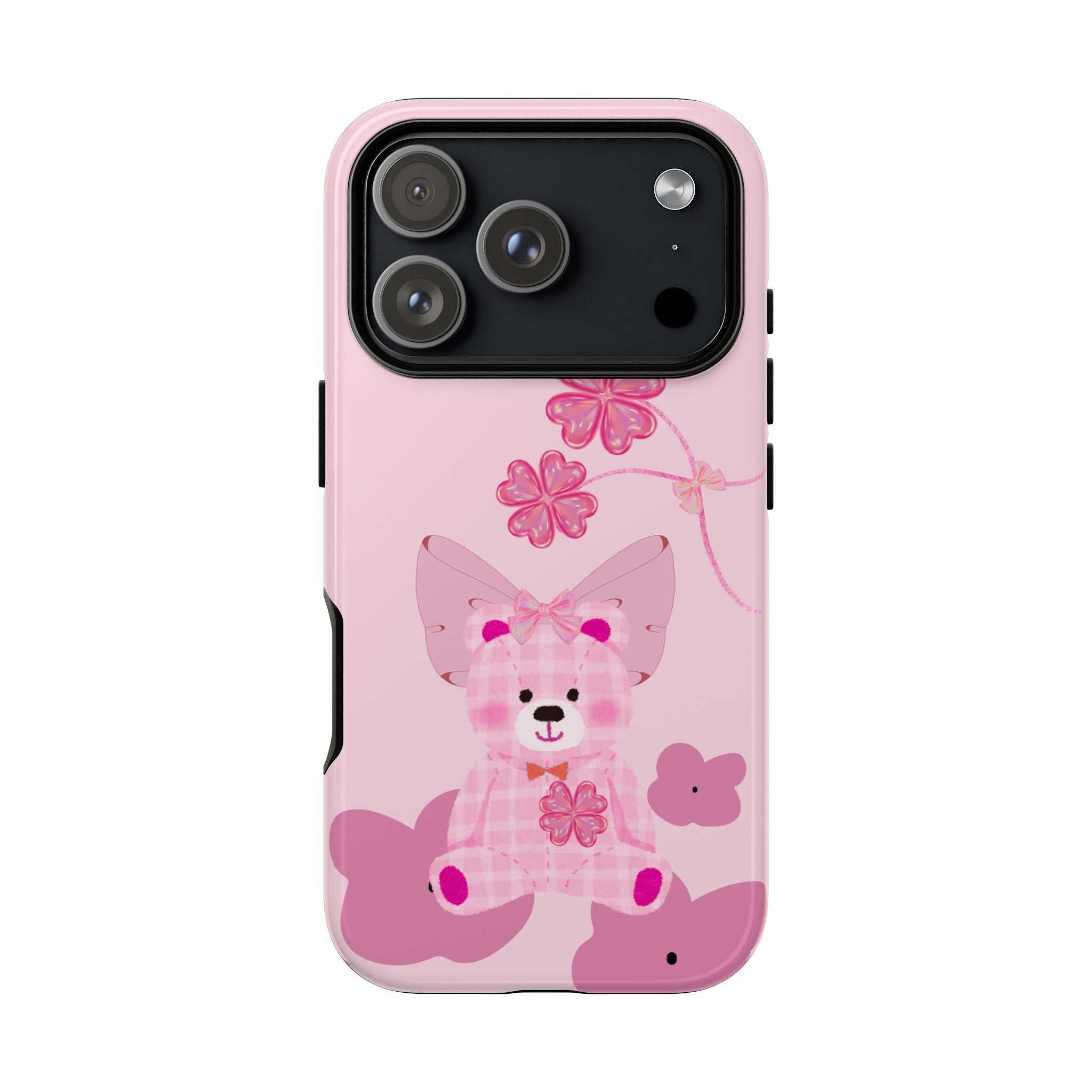 Pink teddy bear phone case with bow and flower graphics, triple camera cutout