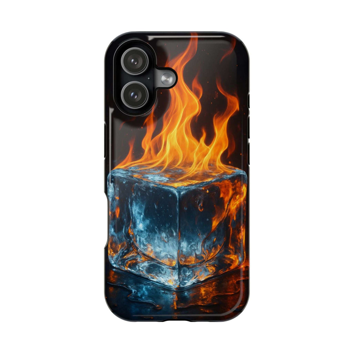 Flame ice phone case with flaming orange flames and blue ice skull, raised camera area