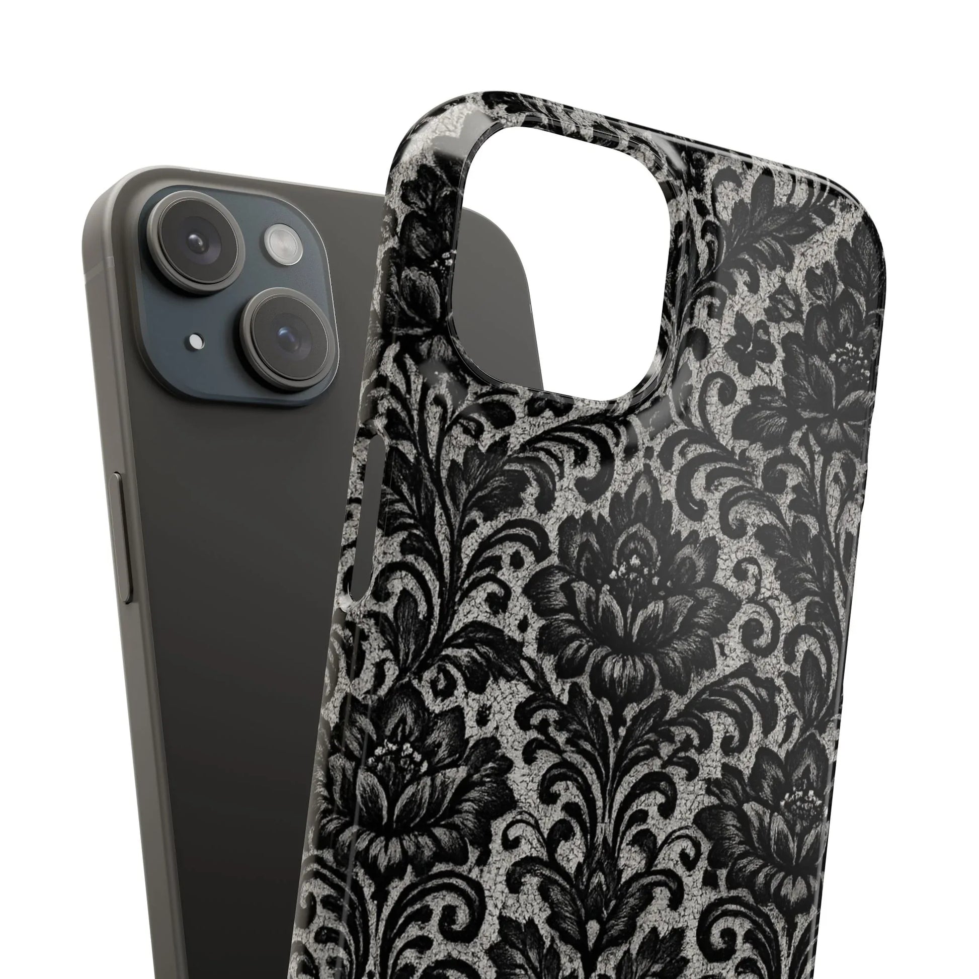 Black Damask Floral Phone Case for iPhone 11-17 and Galaxy S20-S25 - KARARMDESIGN