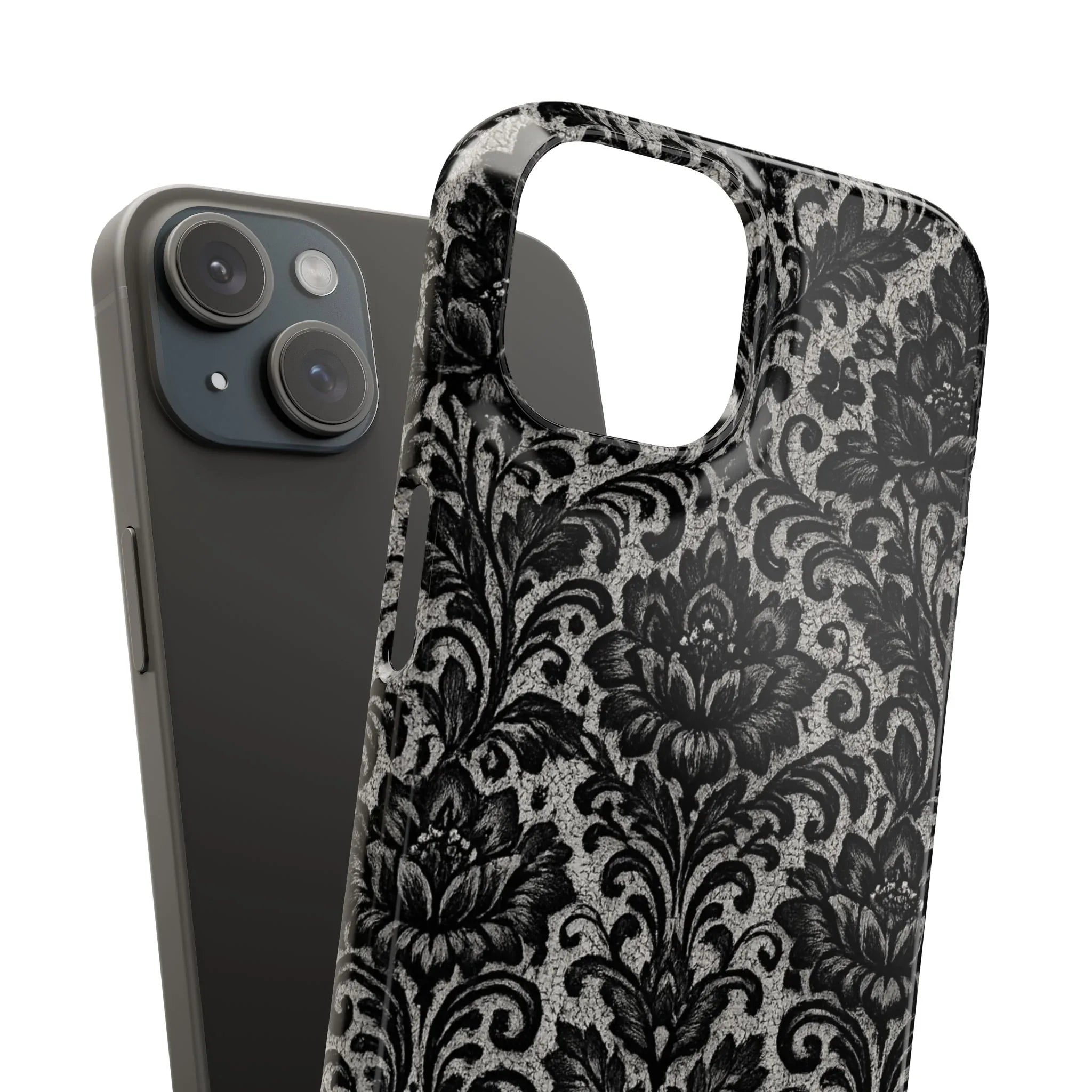 Black Damask Floral Phone Case for iPhone 11-17 and Galaxy S20-S25 - KARARMDESIGN