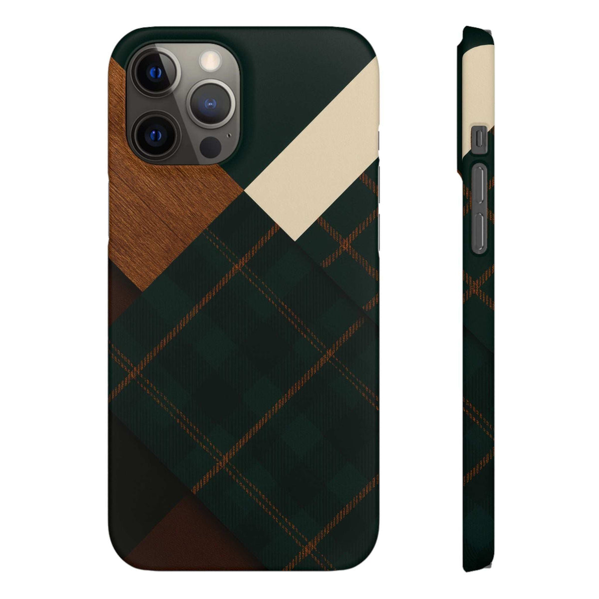 Dark green phone case with tan accent and plaid check design; side profile shown.