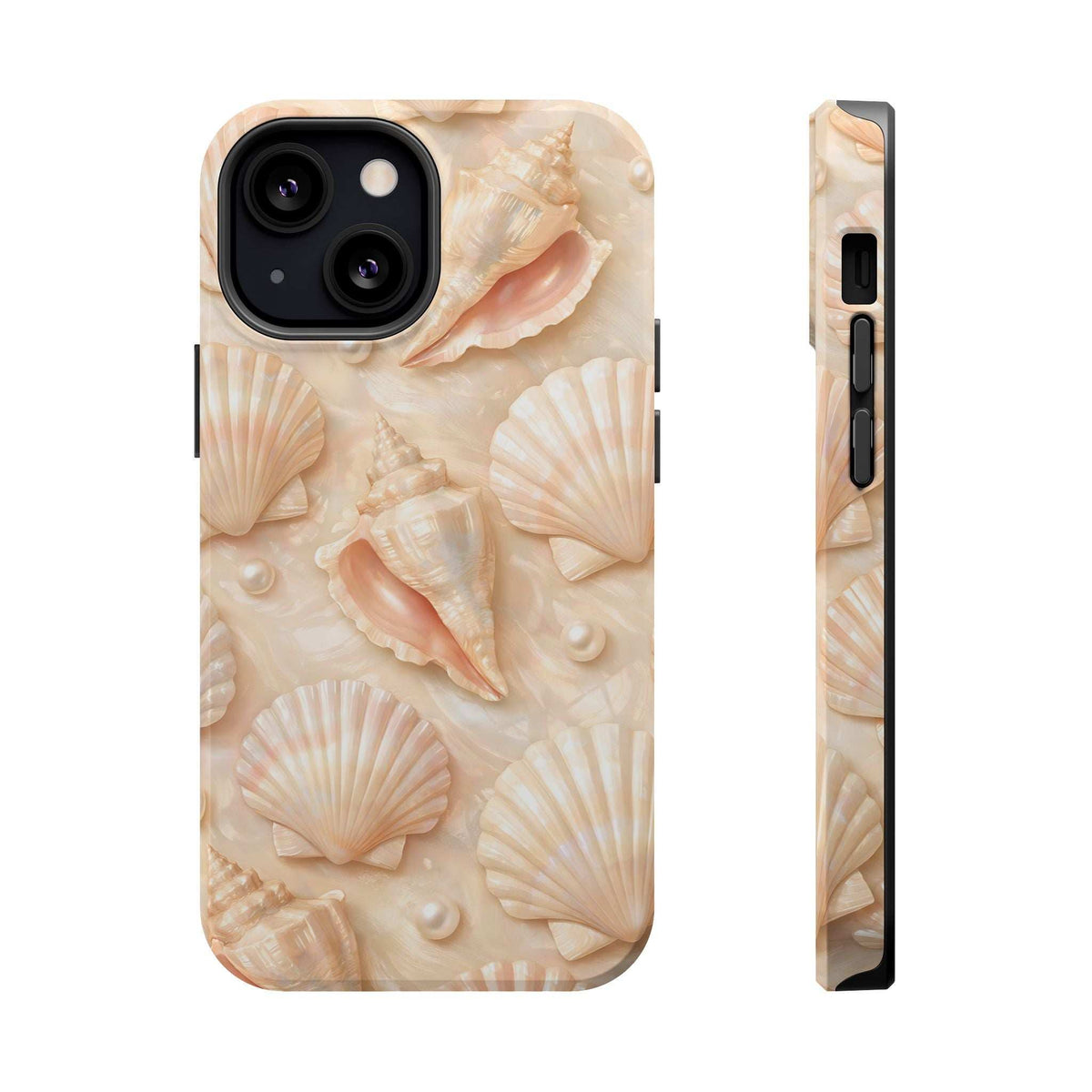 Seashell phone case with cream seashell pattern; camera cutout and visible side profile openings