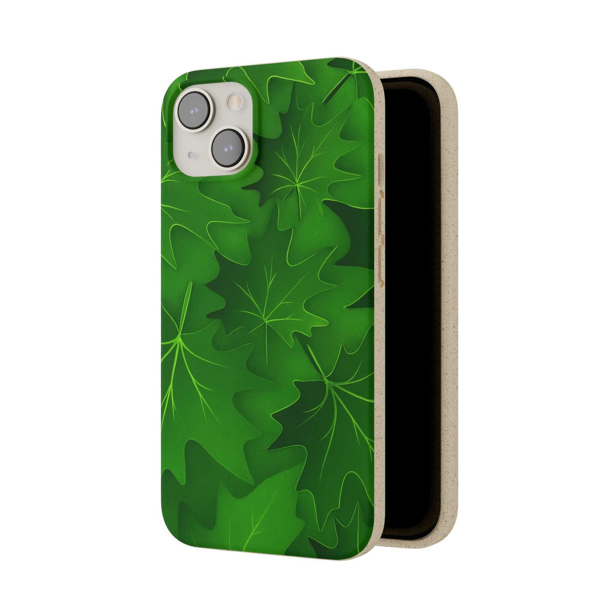 Green botanical leaf phone case with beige interior edge visible