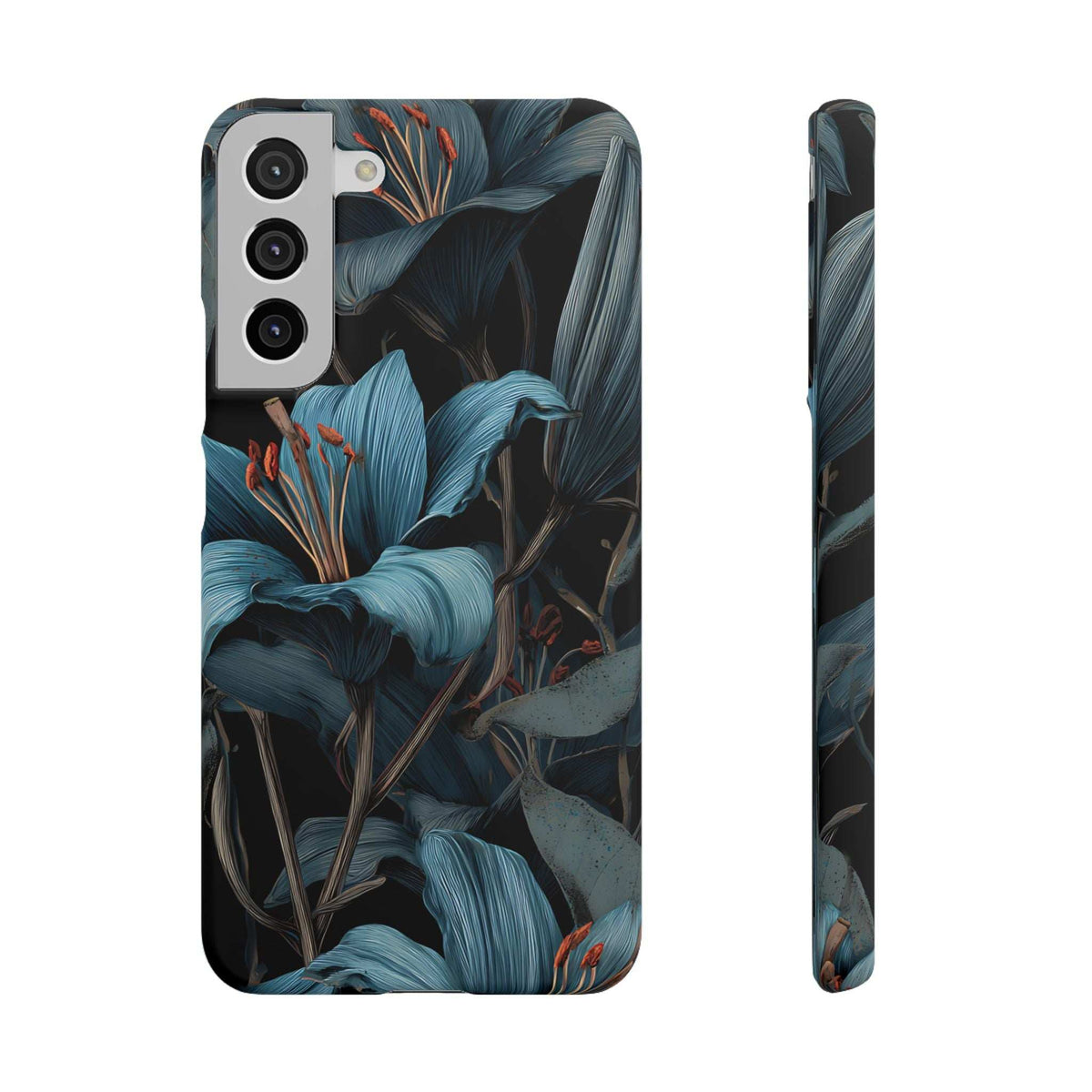 Phone case with blue botanical flowers and leaves, raised camera area and precise openings
