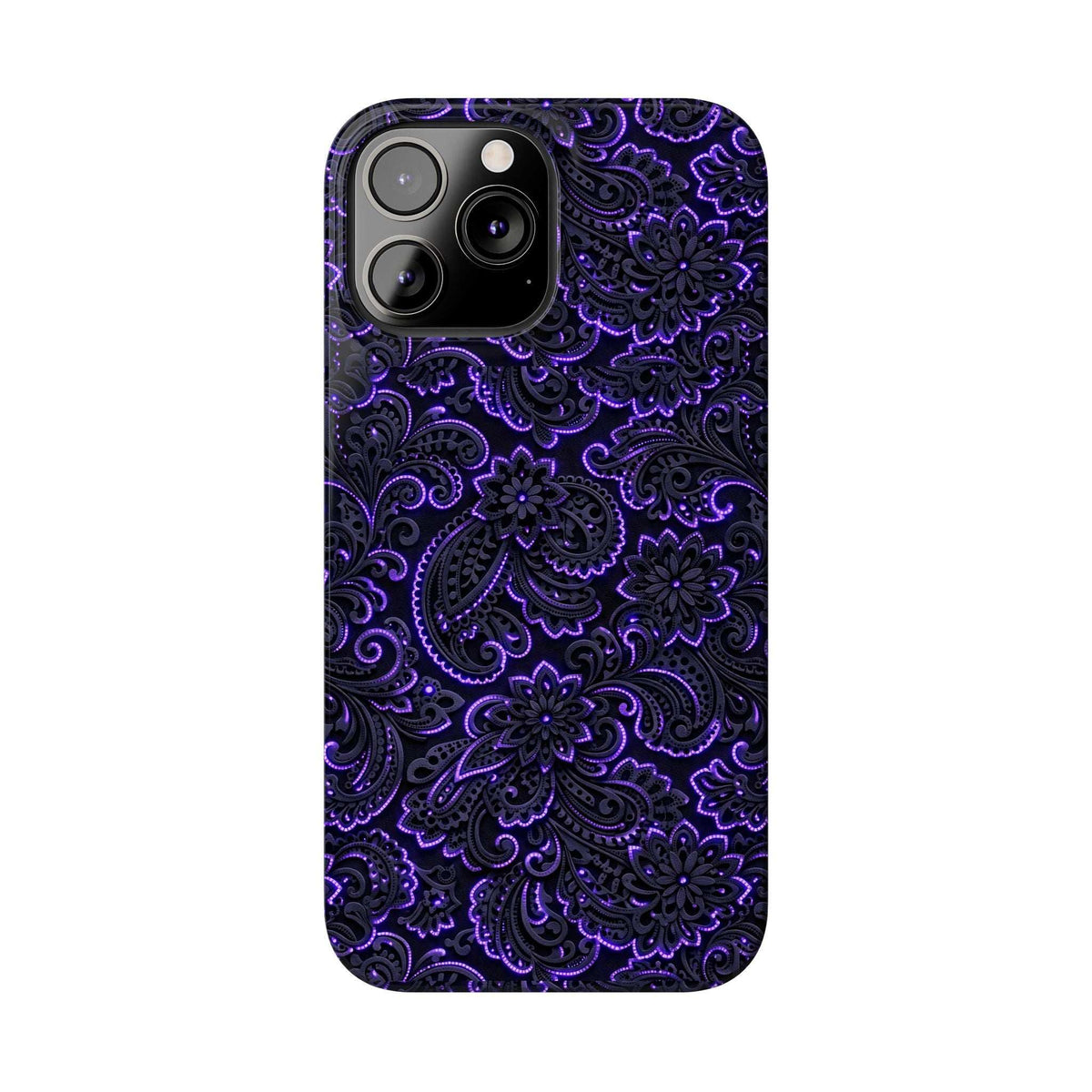 Neon purple paisley phone case with light gray camera module opening