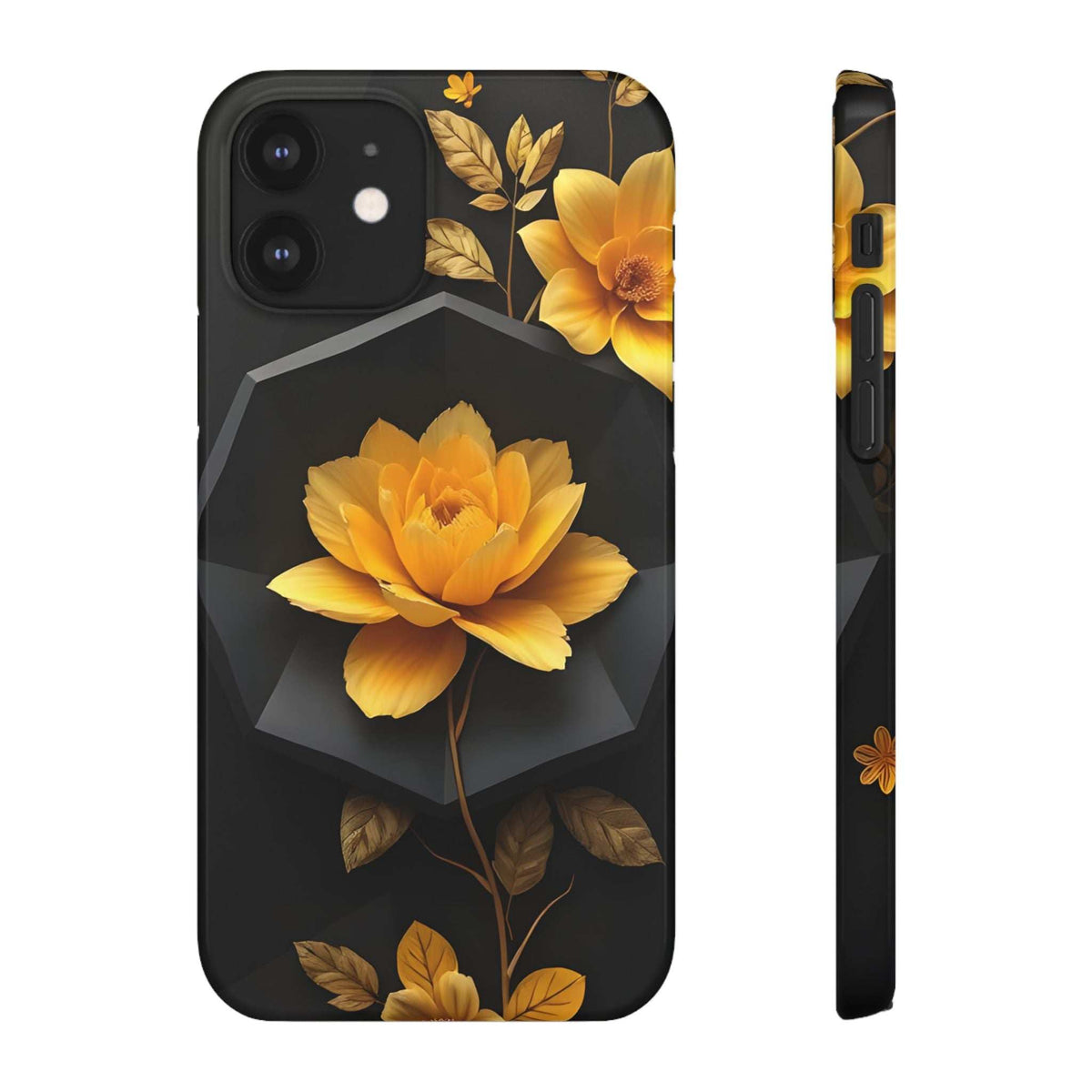 Black phone case with yellow rose floral artwork and leaf accents, side buttons visible