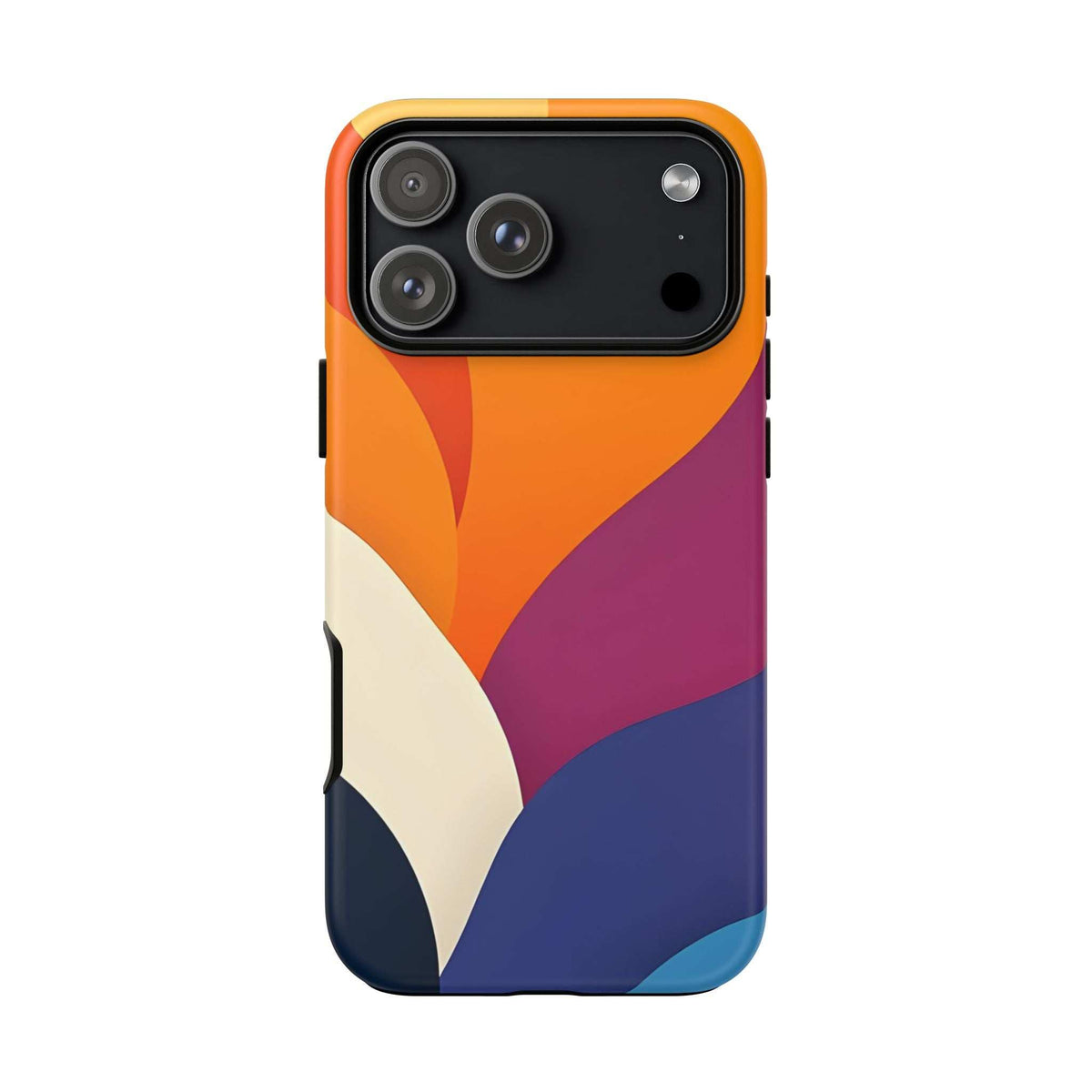 Abstract phone case with orange, magenta, and deep blue design plus raised lens openings.