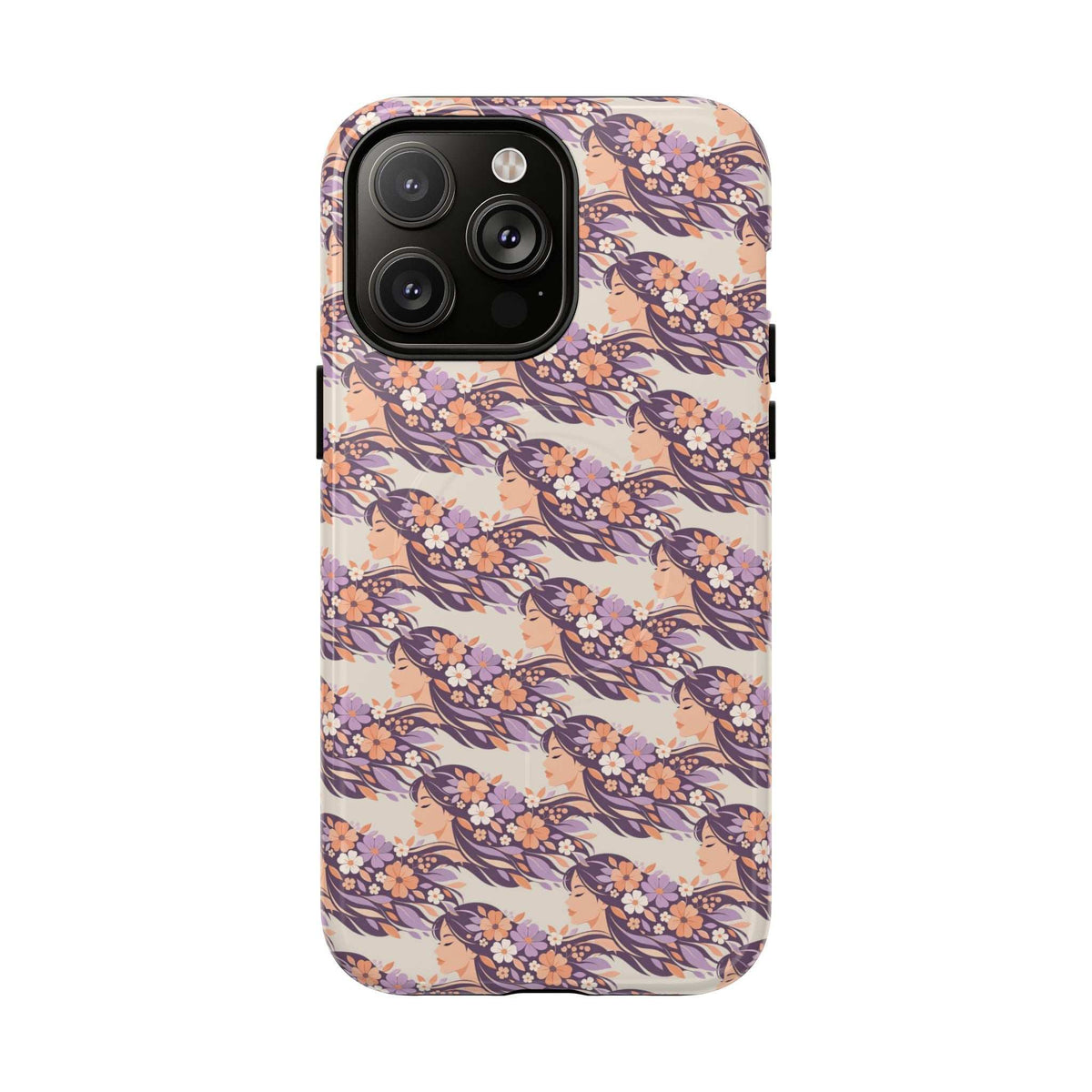 Floral phone case with cherry blossom pattern, rear camera module cutouts and flash