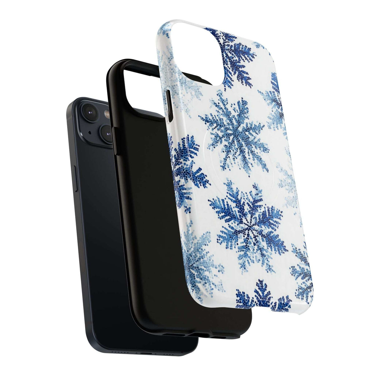Blue-and-white snowflake phone case with raised edges and camera openings