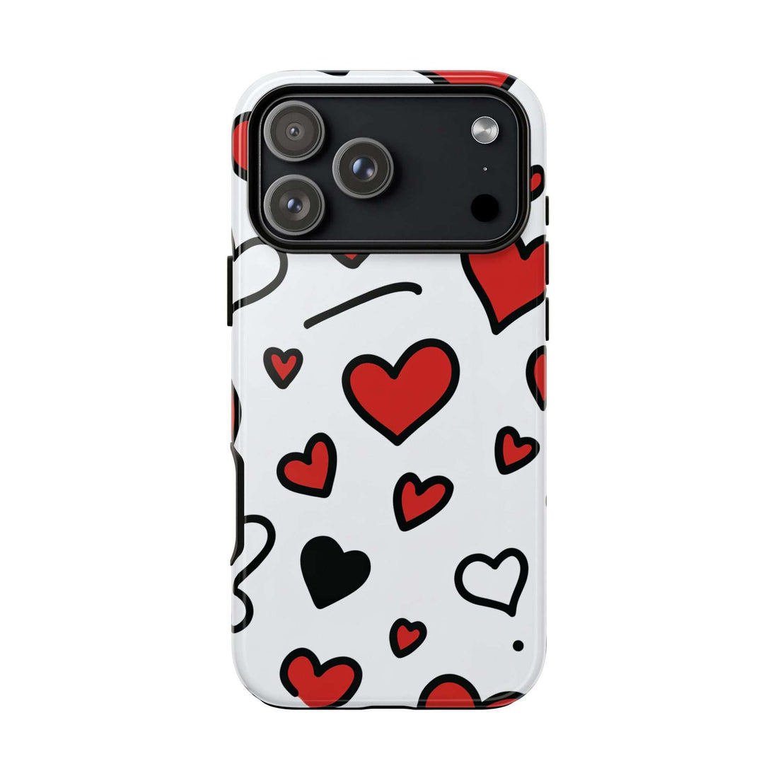 White phone case front view with scattered hearts pattern and large camera window