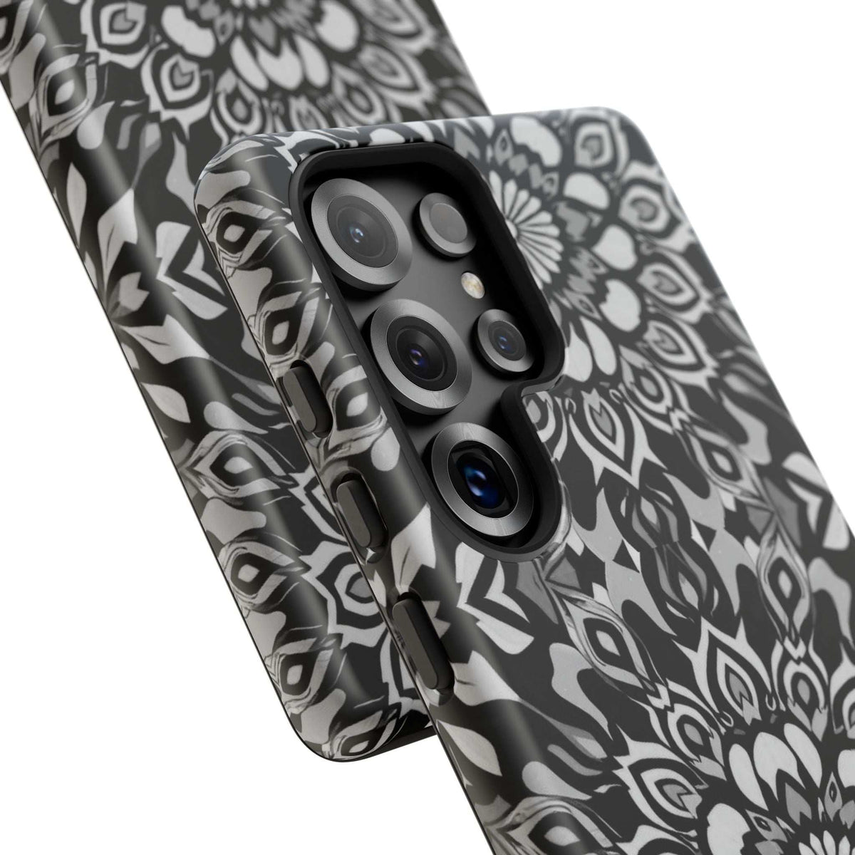 Mandala phone case with black-and-white floral pattern; triple camera opening with cover