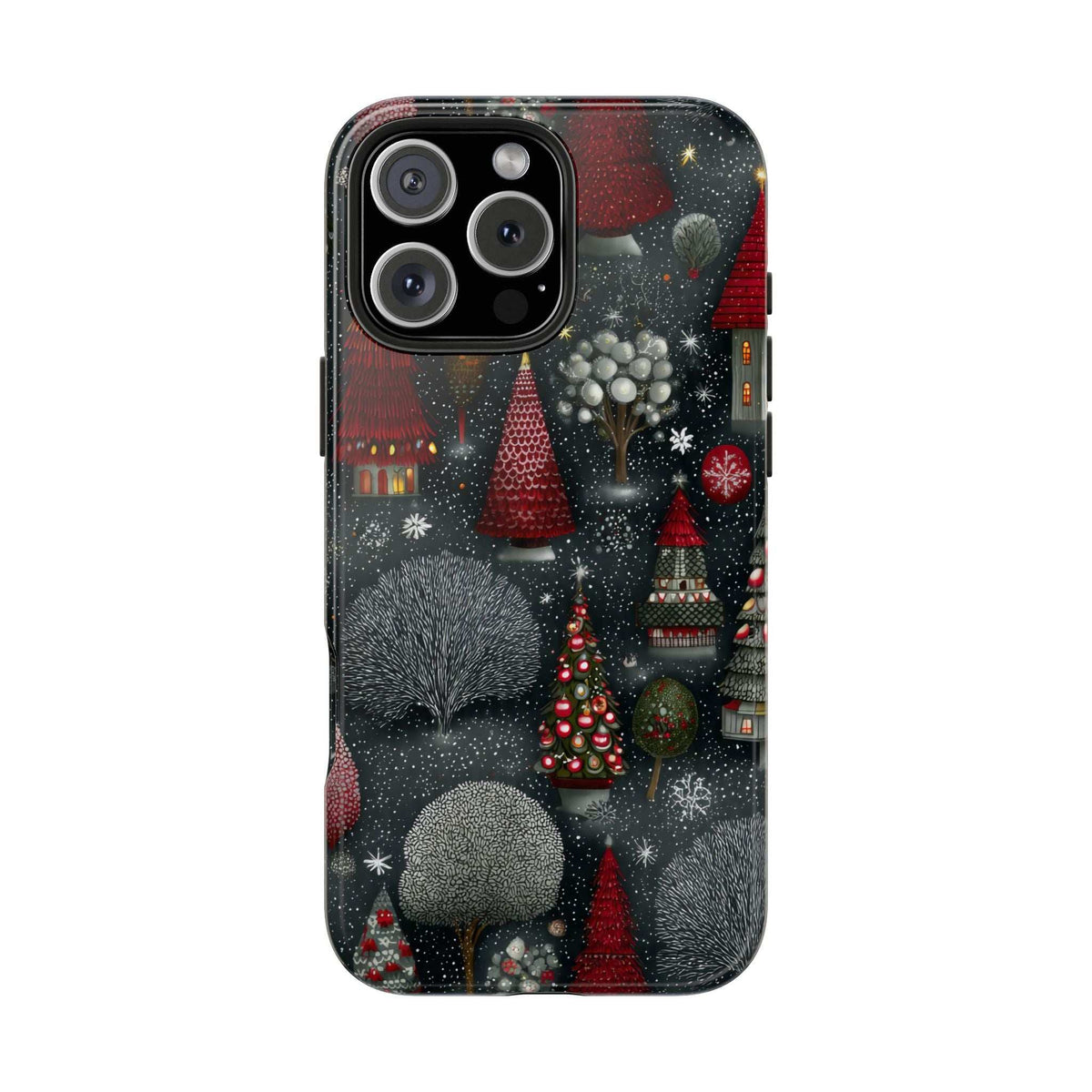 Phone case with winter village print, red trees, snowflakes, and camera cutouts