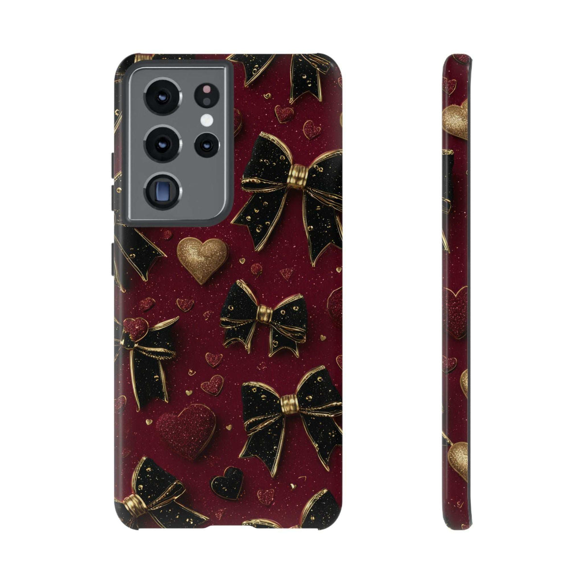 Burgundy glossy phone case with gold bows, hearts, and dual camera cutouts