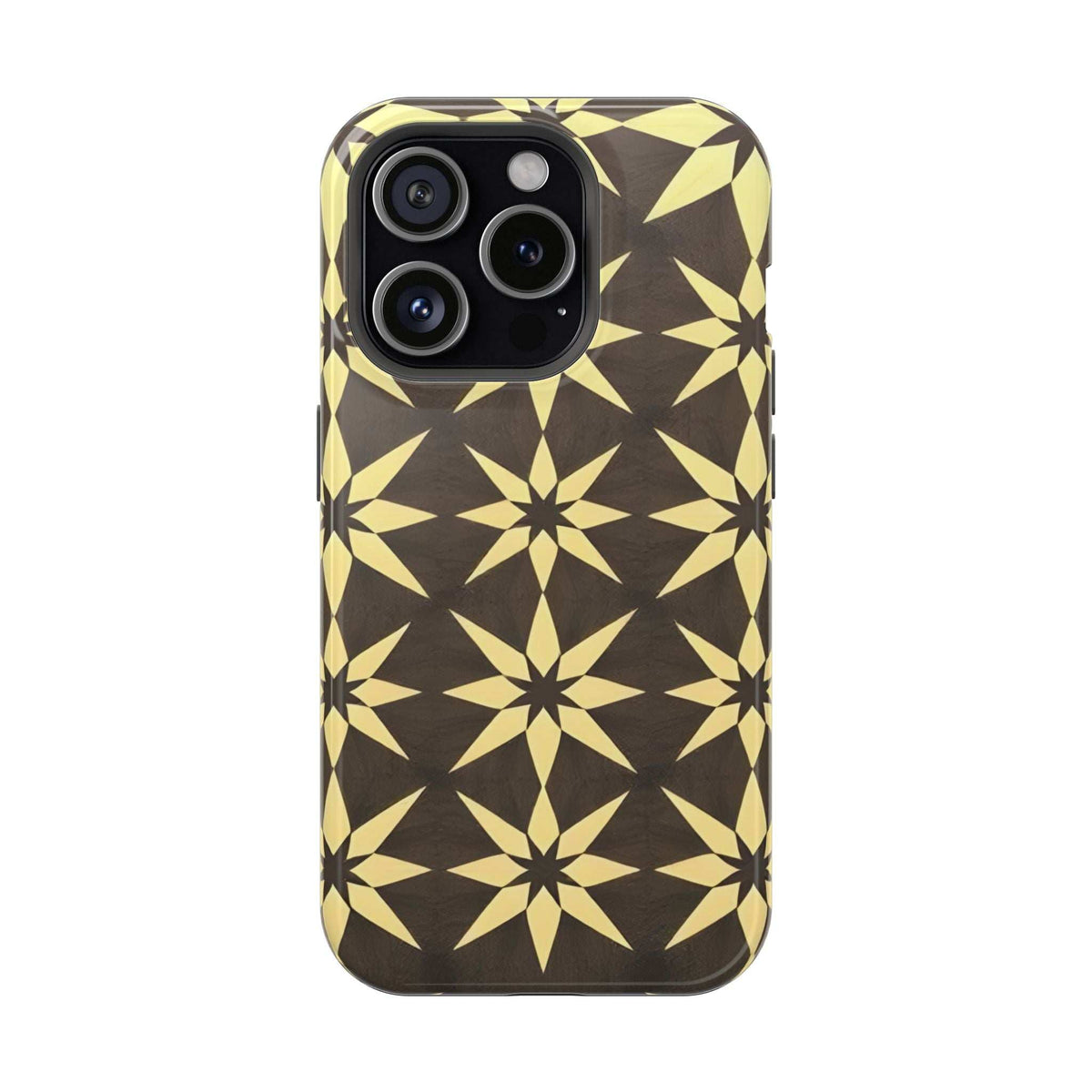 Star geometric phone case with camera cutouts, black base and gold starburst print.