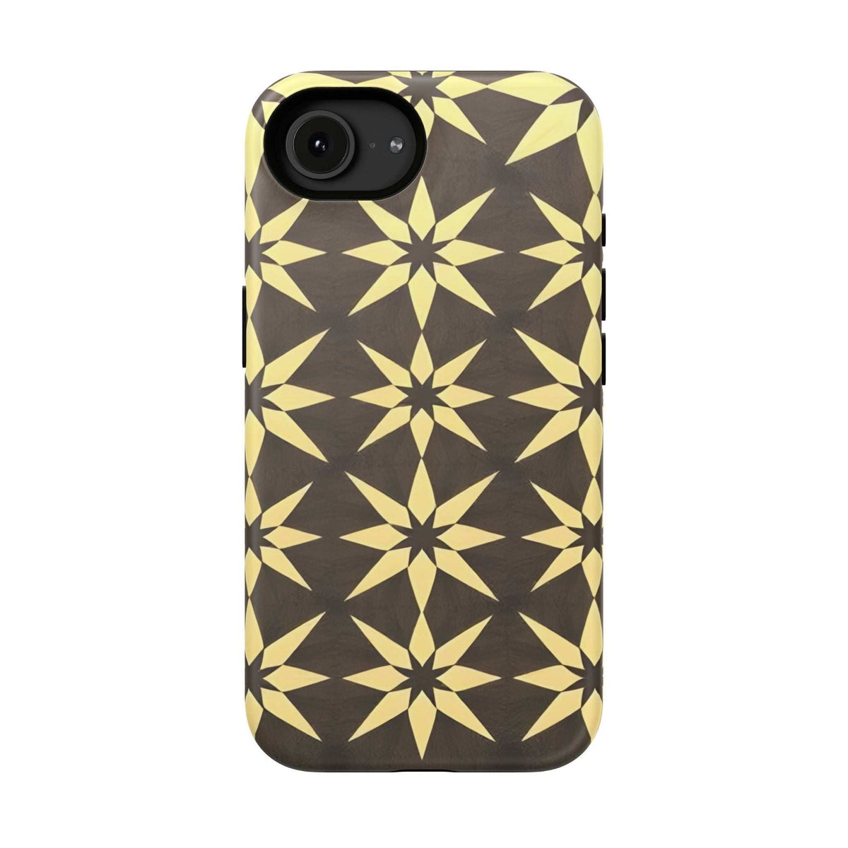 Phone case with gold geometric star pattern and raised camera cutout on dark base