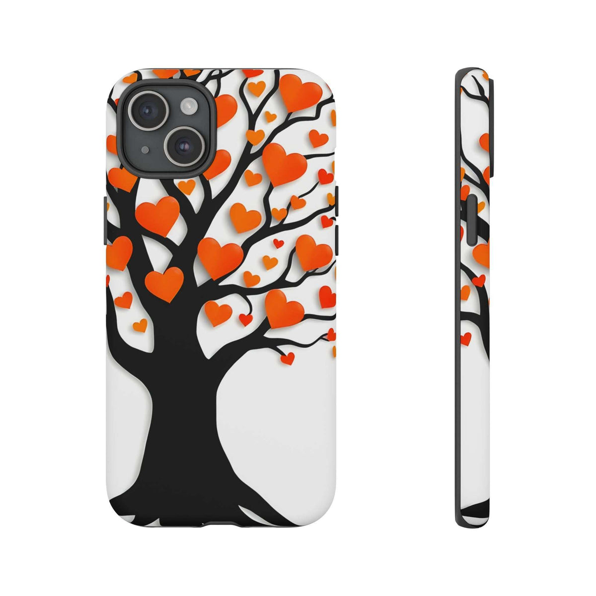 Heart tree phone case with orange heart branches; dual camera cutouts and protective bumper.