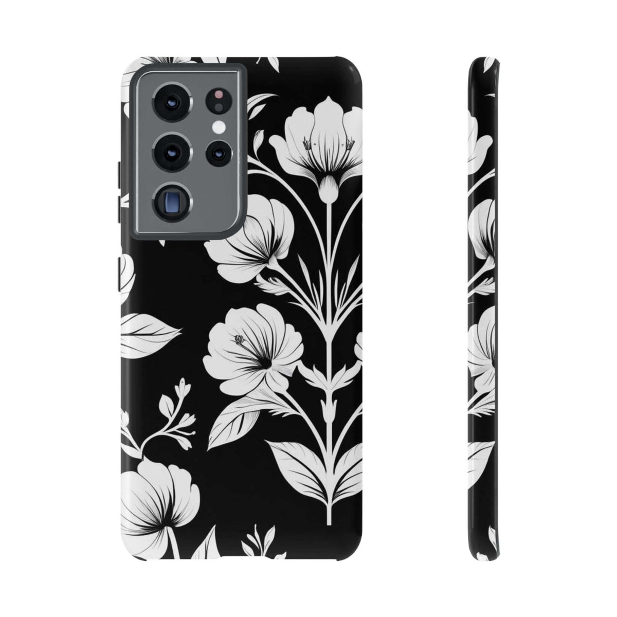 Black phone case with white floral pattern, back view with camera cutouts