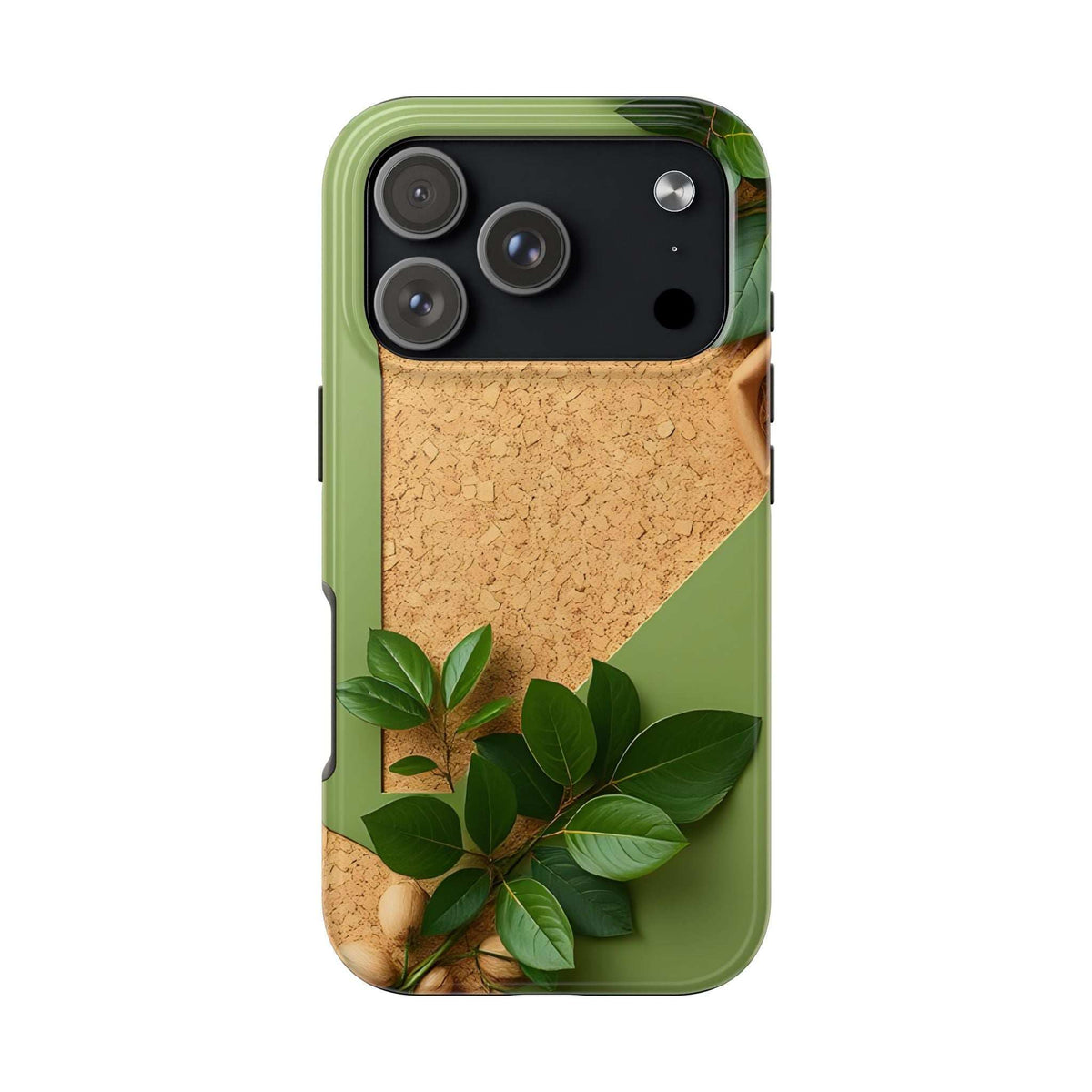 Eco phone case in green with cork-look panel and leafy design, camera cutouts