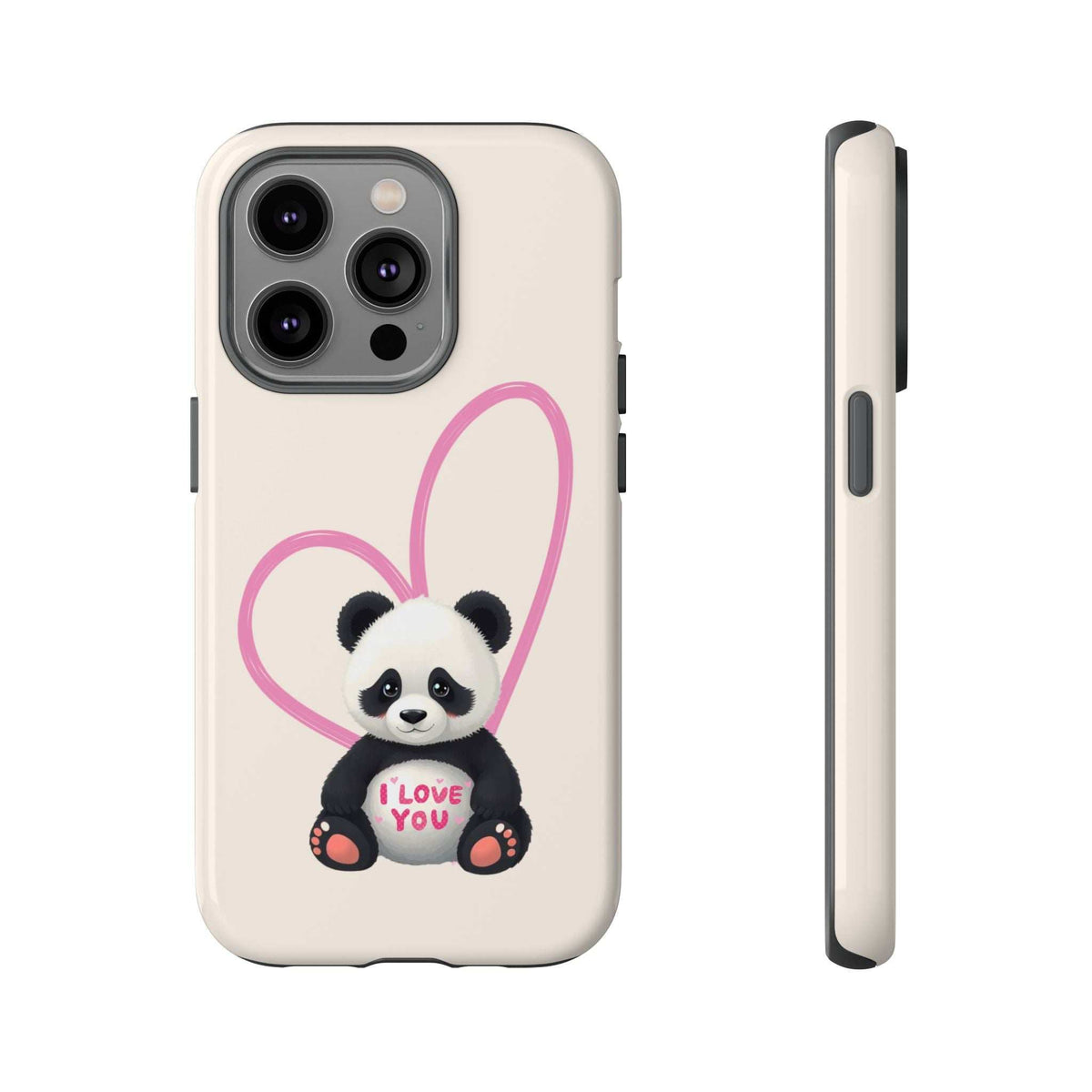 Cream phone case with cute panda in pink heart and “I LOVE YOU” text; camera cutout