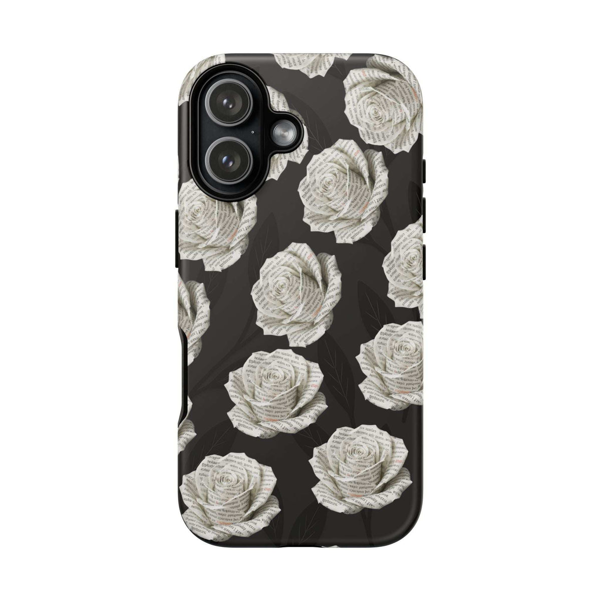 Phone case with black background and white rose pattern; triple-lens camera cutout at top-left corner.