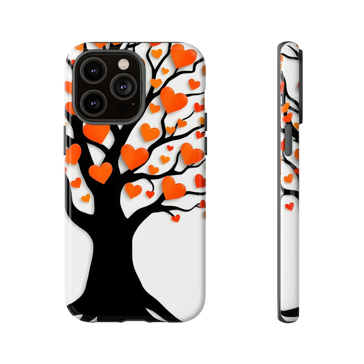 Phone case with heart tree design and scattered hearts, orange and red, front and side
