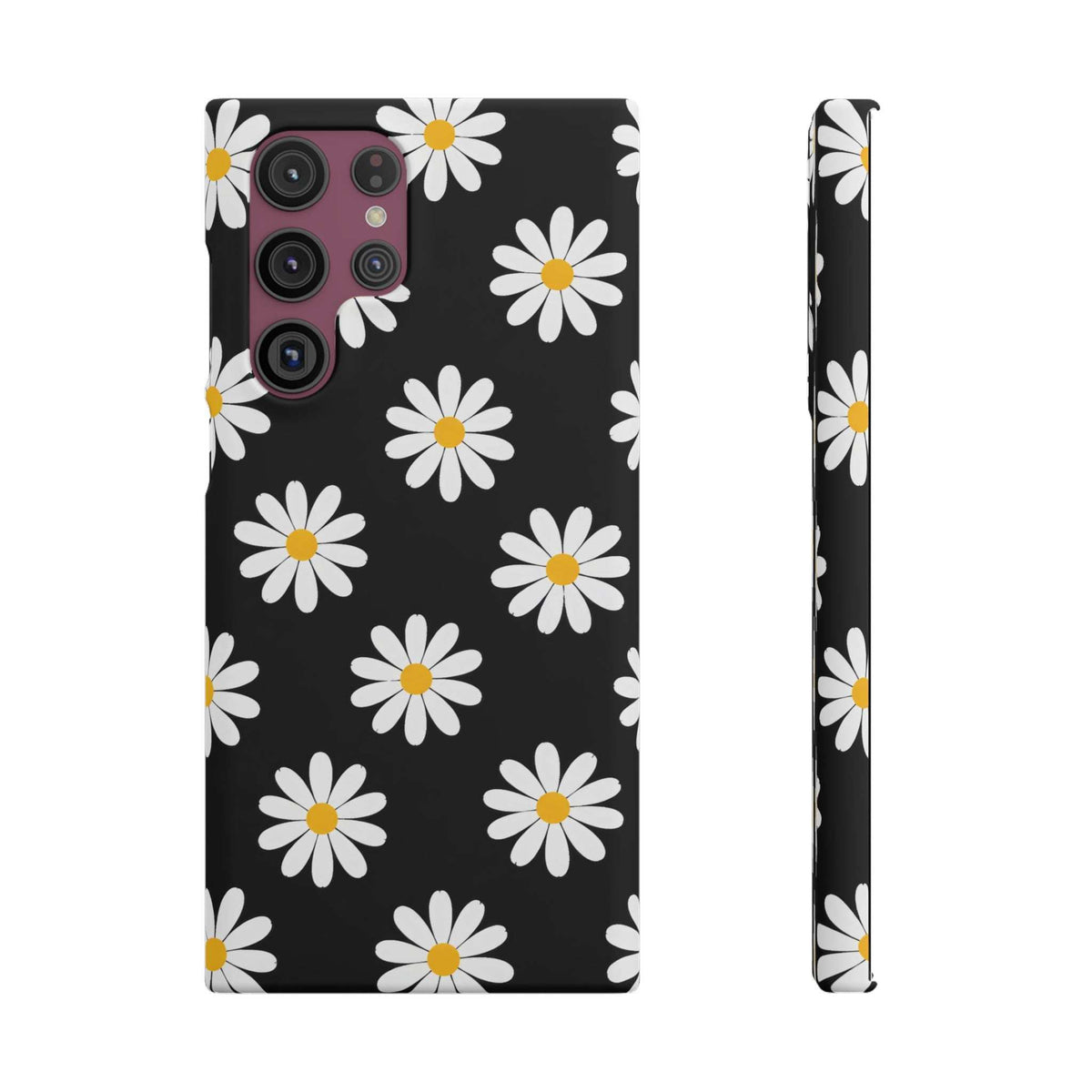 Black phone case with white daisies and yellow centers, back view with raised edges.