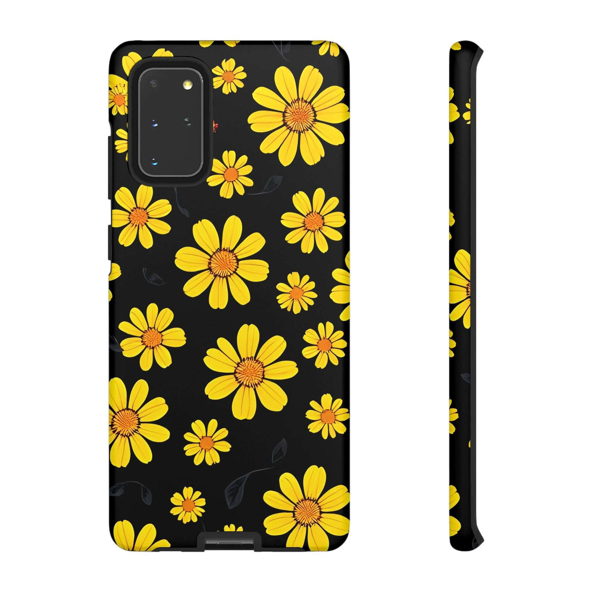 Black phone case with yellow daisy floral pattern, back view with side cutout