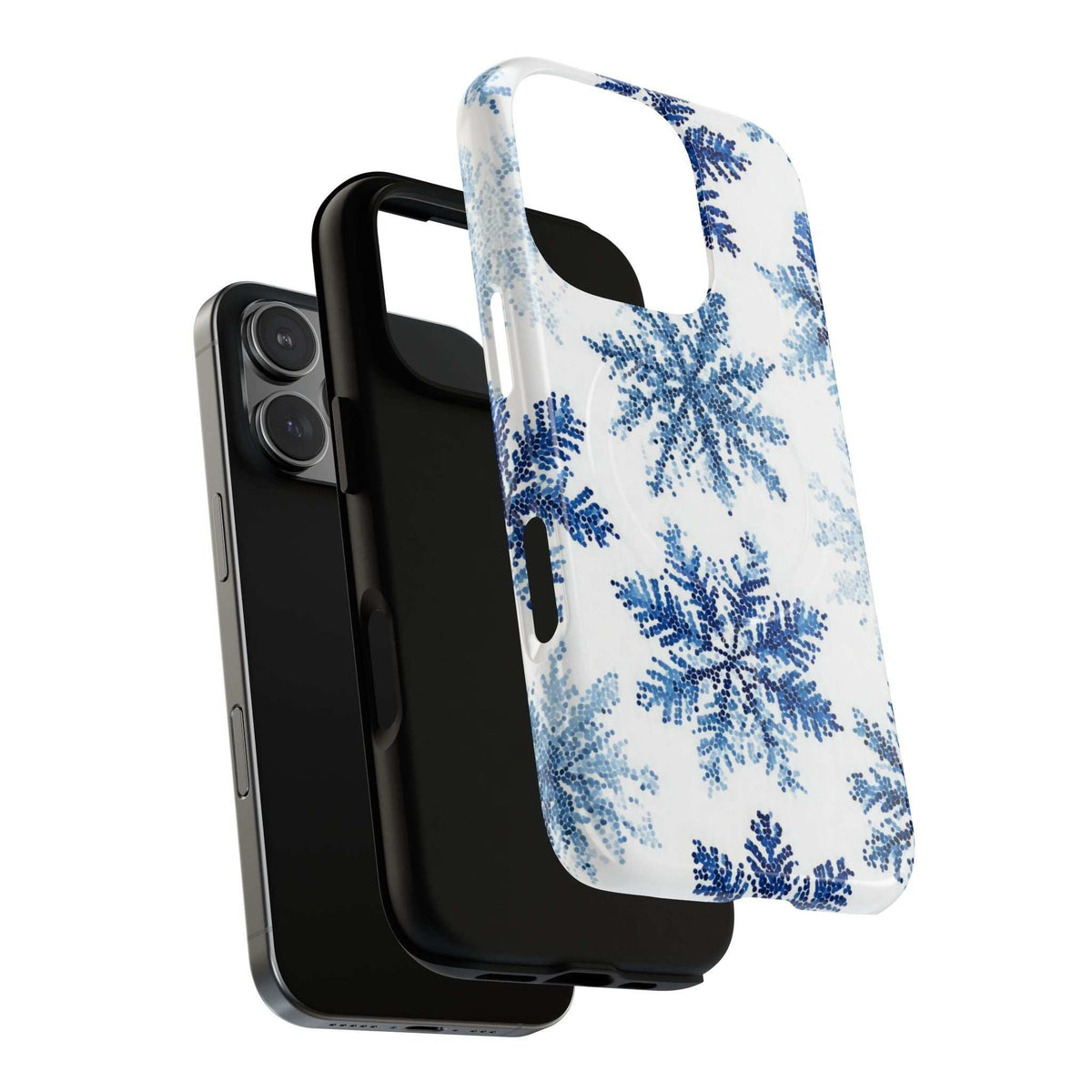 Blue snowflake patterned iPhone case with camera cutout and open side profile