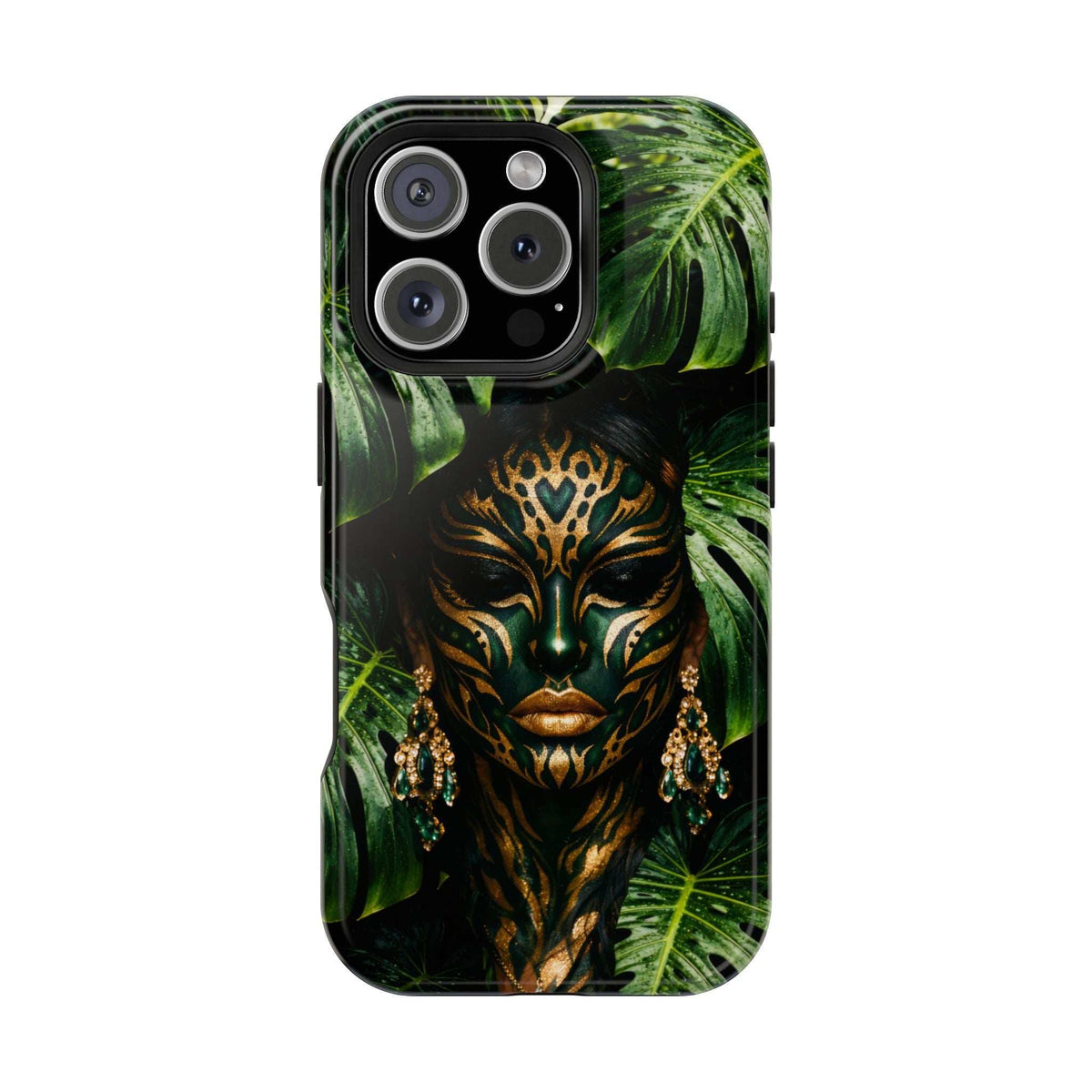Leafy jungle mask phone case with gold face details, dark edges, and raised camera openings