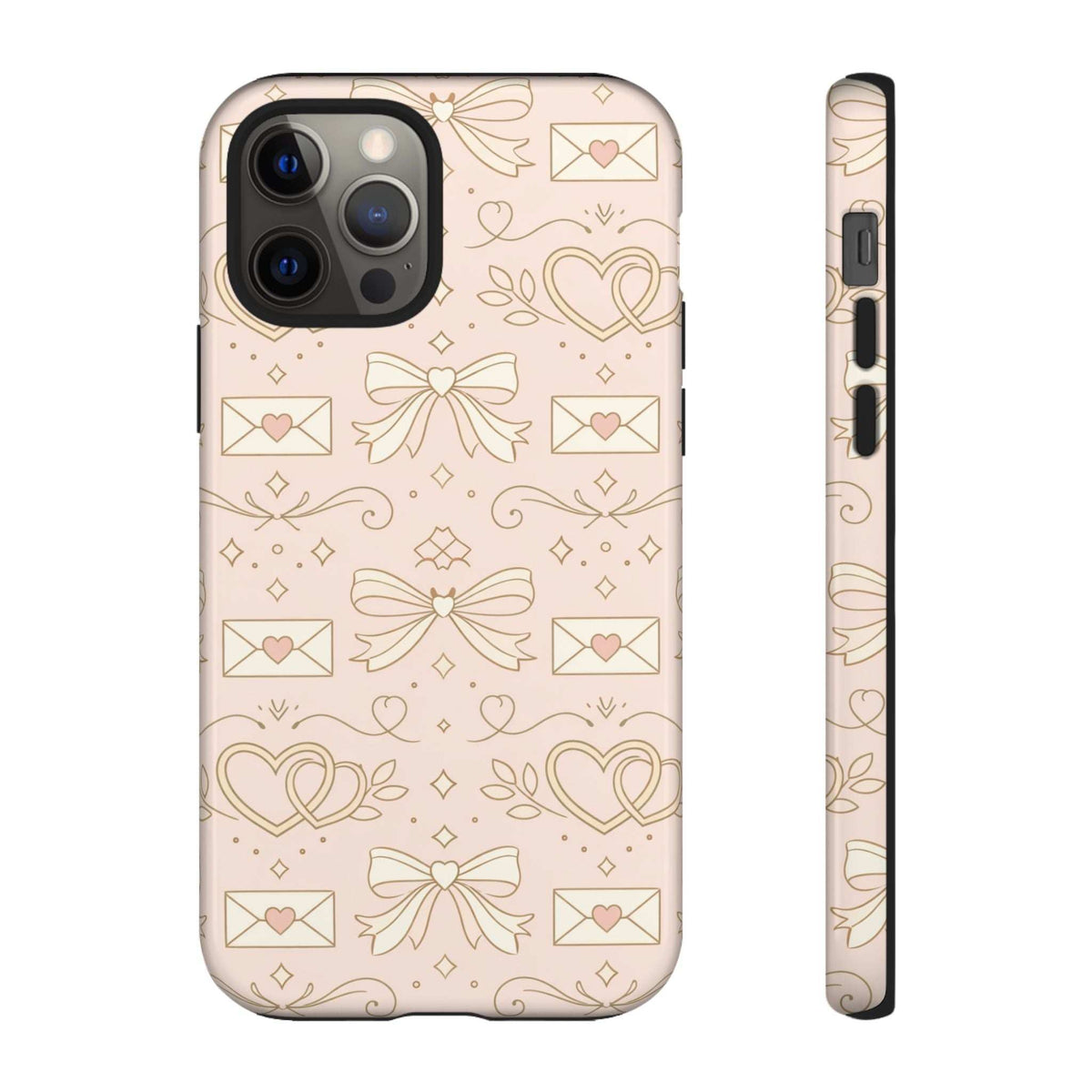 Peach smartphone case with gold heart, bow, and envelope pattern; raised camera cutouts