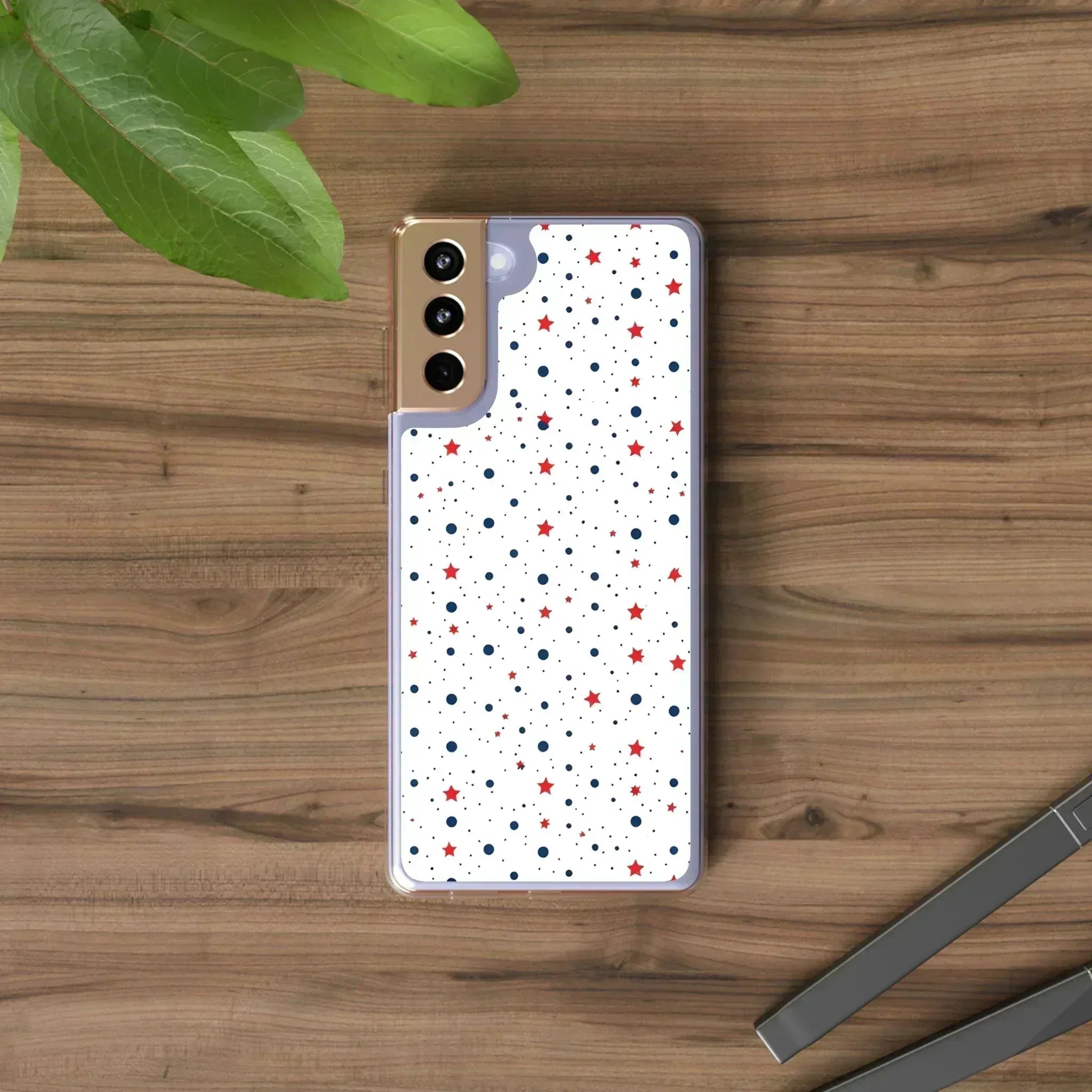 White Phone Case with Red Stars and Blue Polka Dots for iPhone and Galaxy - KARARMDESIGN