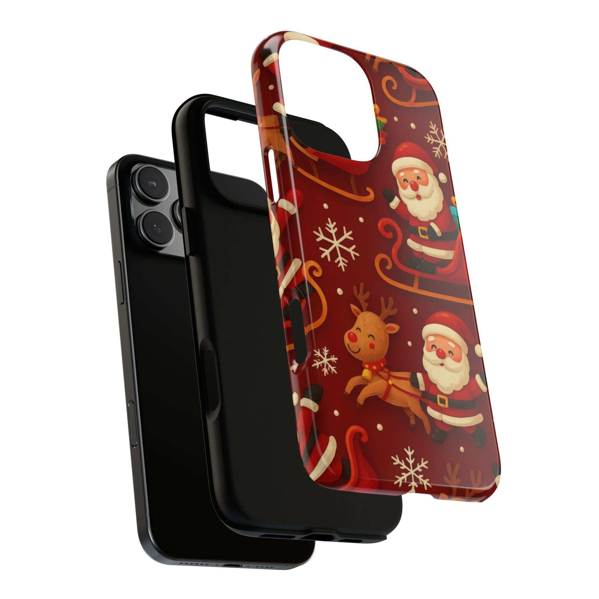 Glossy red phone case beside phone, Santa and reindeer print with camera cutout