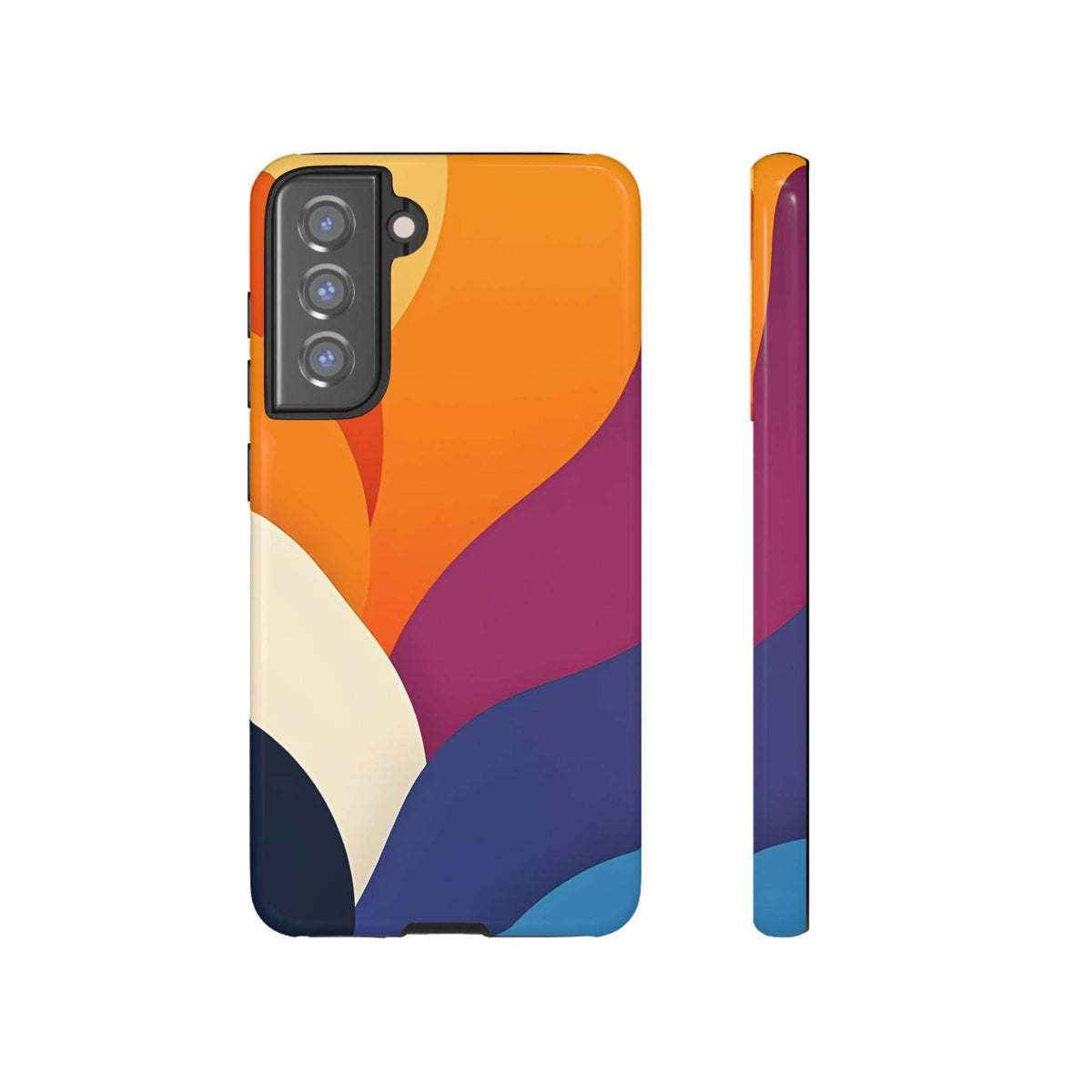 Phone case with abstract orange, purple, and navy design; triple-camera cutout.