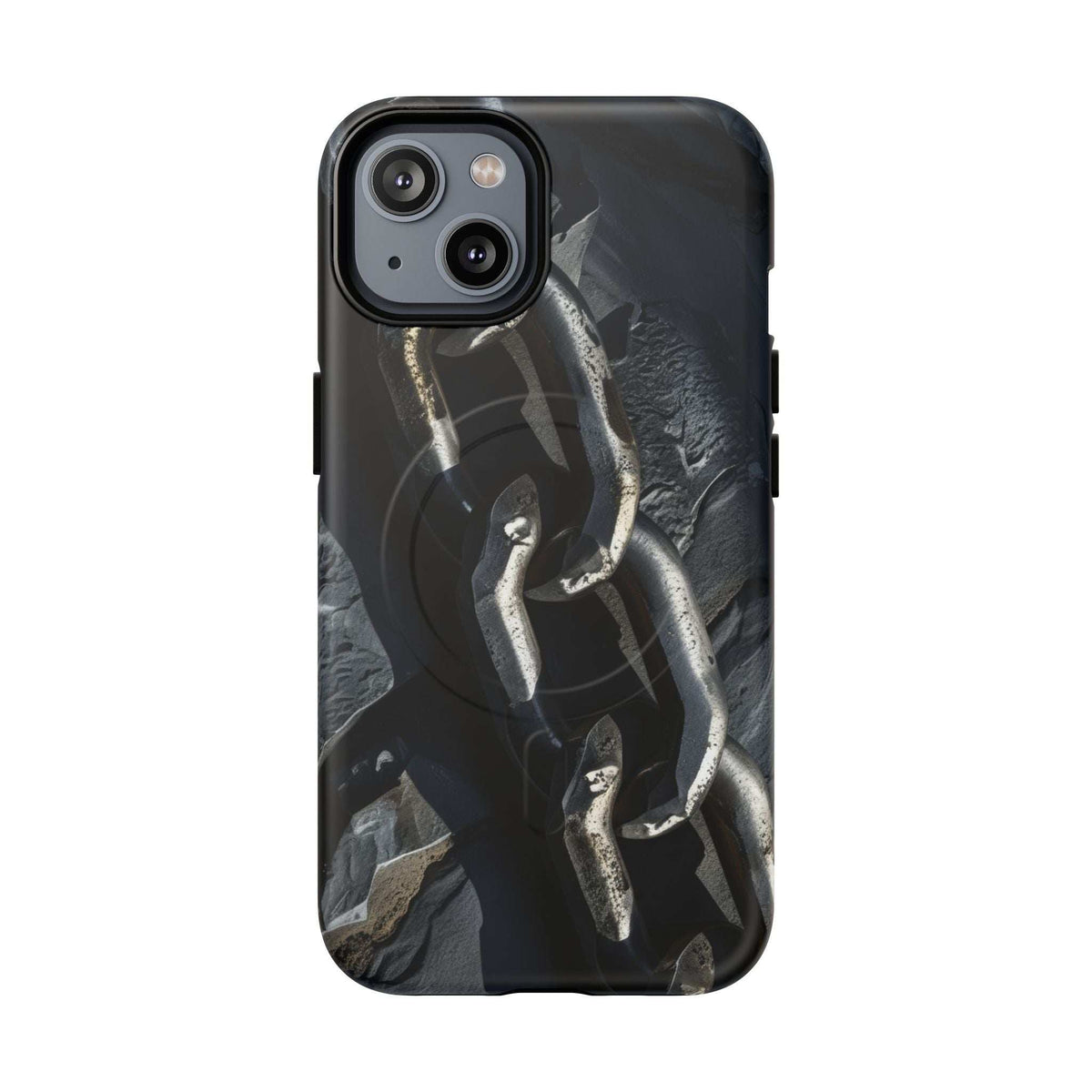 Black durable magnetic phone case with iron chain artwork and lens openings