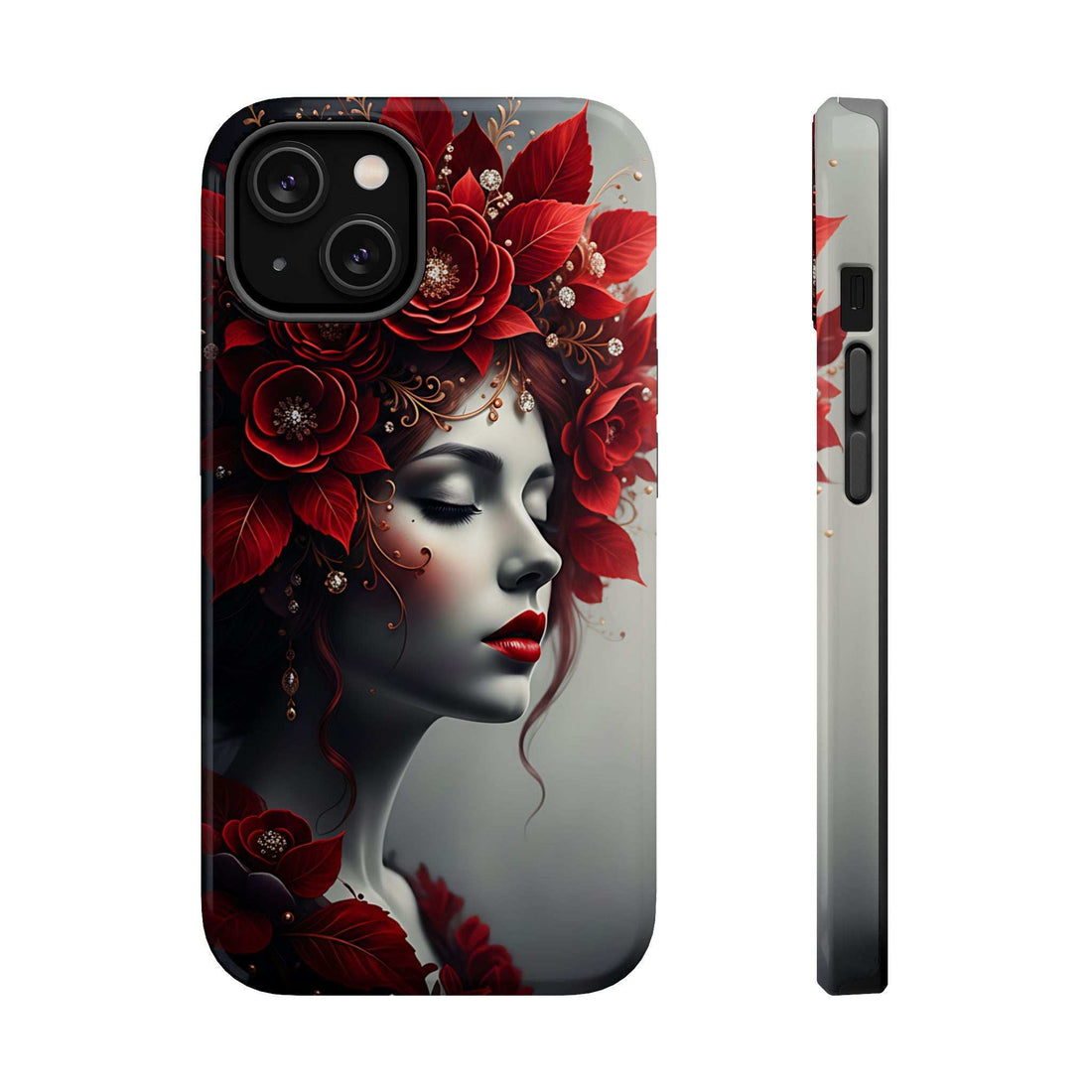 Portrait phone case with dark-haired woman and red roses, black camera cutouts