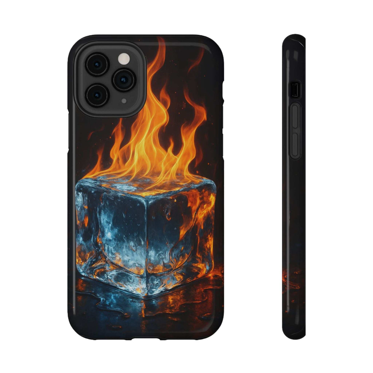 Flame ice phone case back and side profile with fiery flames and blue ice skull design