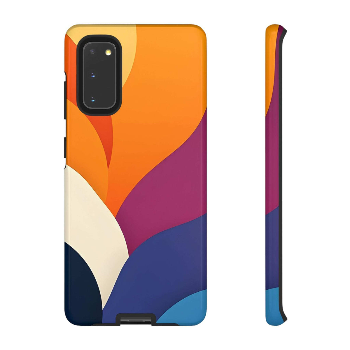 Phone case back and side view, abstract orange, purple, navy, and cream geometric pattern