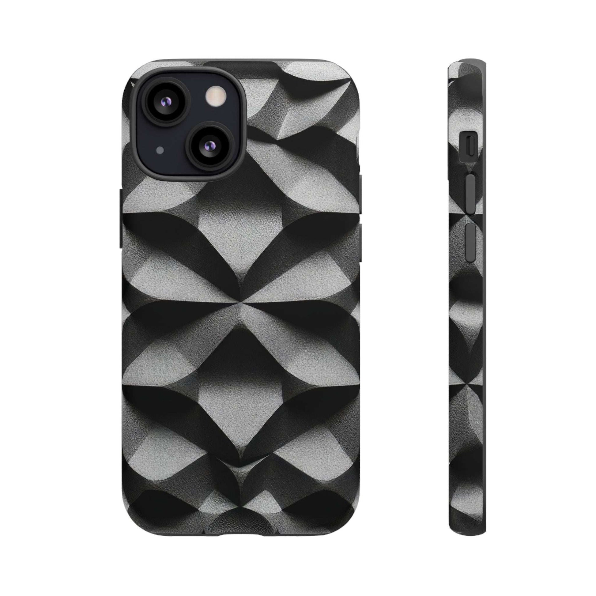 Black phone case with silver geometric diamond pattern; raised camera cutouts and edges