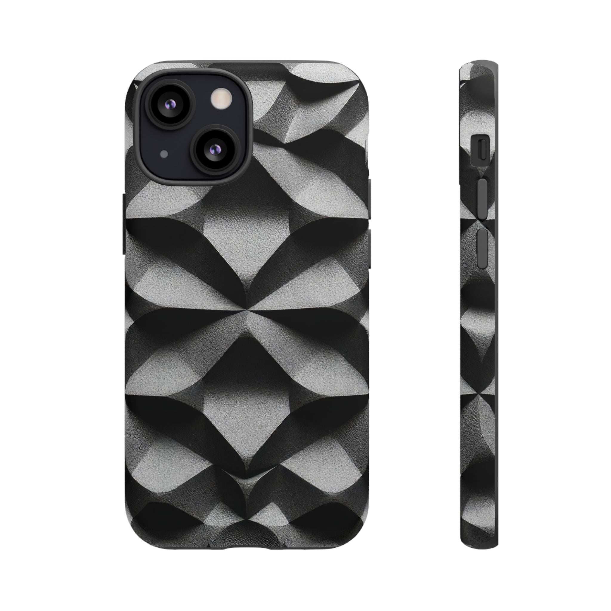 Black phone case with silver geometric diamond pattern; raised camera cutouts and edges