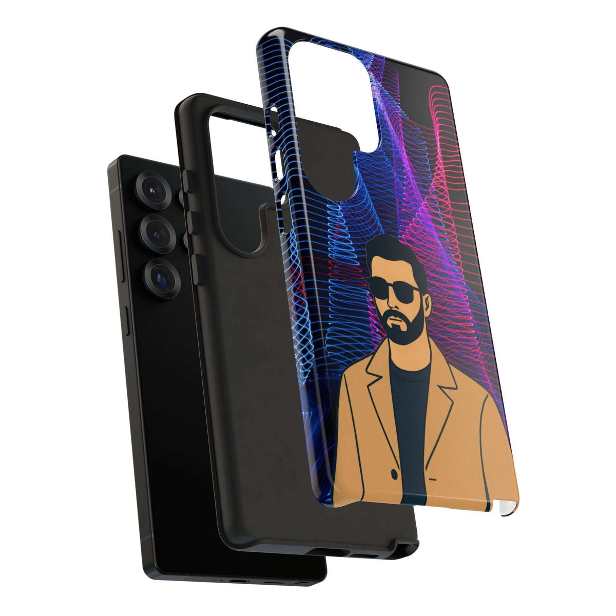 Glossy phone case back with bearded man portrait, neon blue/pink lines, and camera cutouts