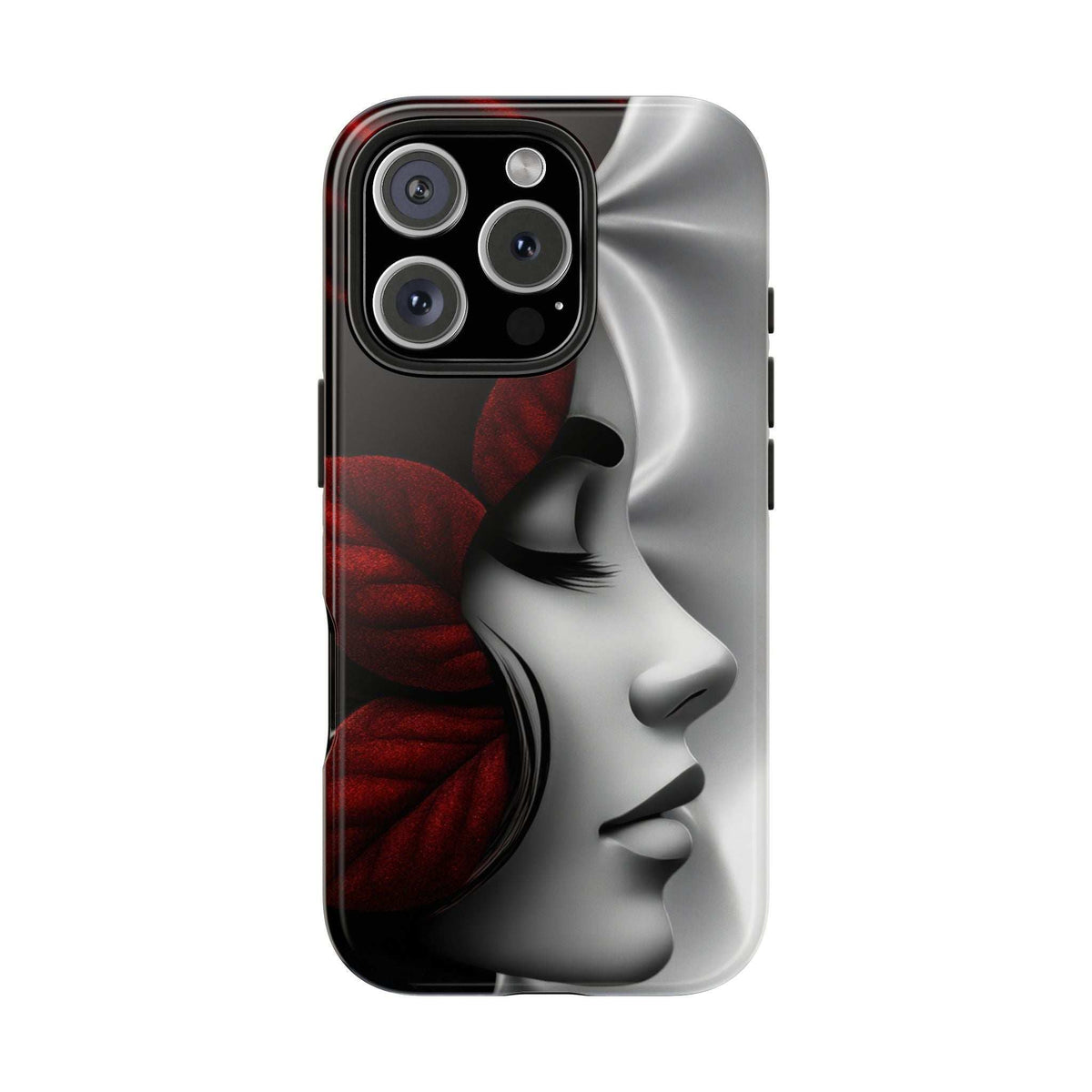 Black and silver face art phone case with dual camera cutouts
