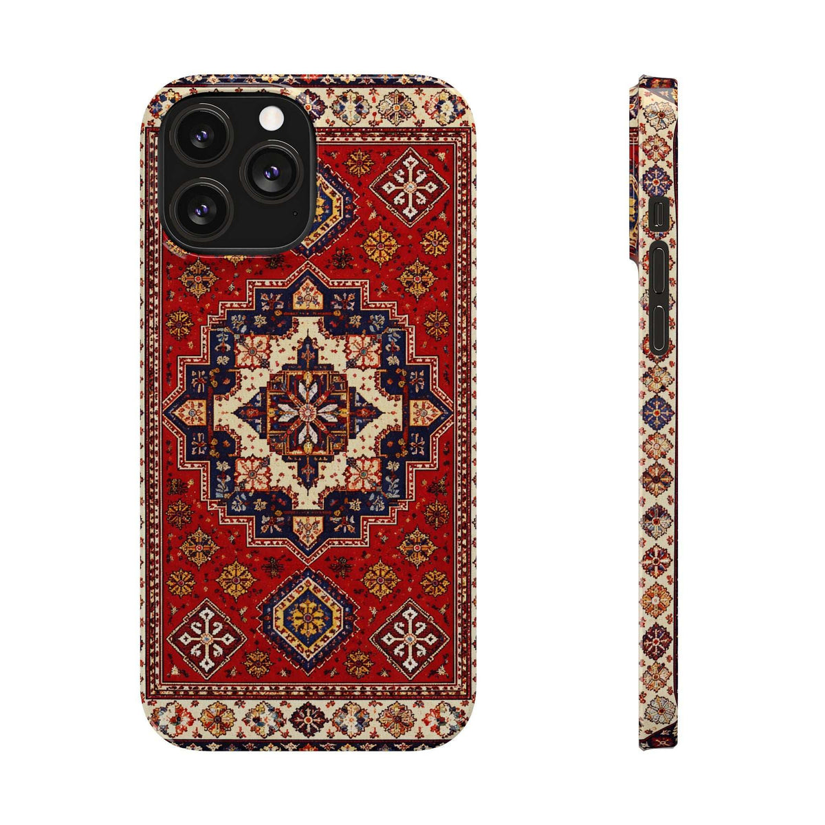 Red and navy ornamental phone case front with cutouts and a matching side strip.