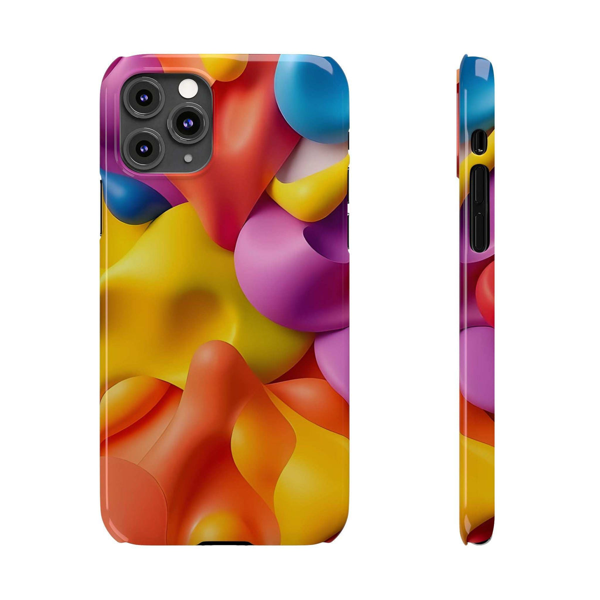 Phone case front view with vibrant abstract multicolor pattern and side profile