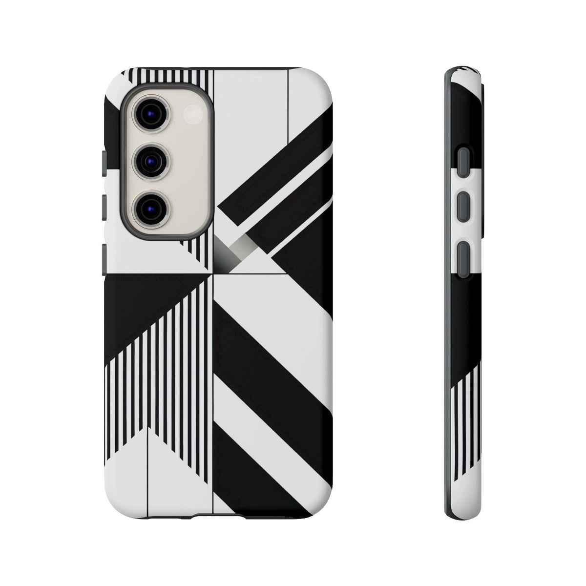 Tough phone case with black-and-white geometric design and cutouts for cameras and buttons