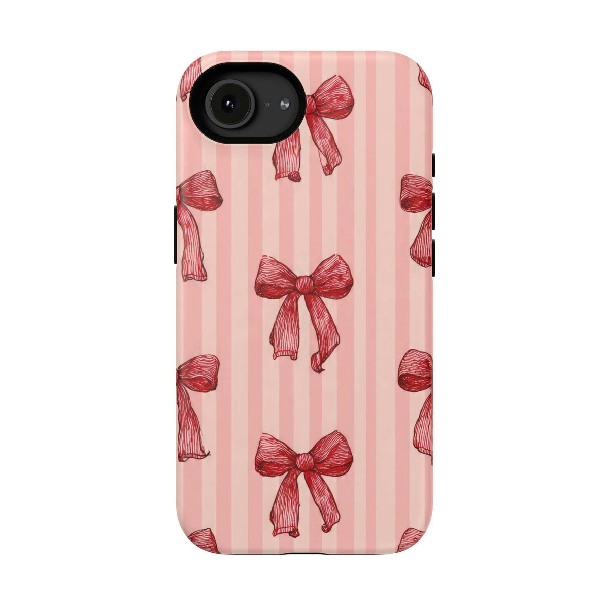 Pink phone case with red bow stripe pattern; smooth camera area and side openings